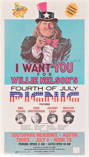 Willie Nelson 4th of July 1984 Picnic Poster: Southpark Meadows, Austin Texas, Willie Nelson's 4th of July Picnic, 1984; Poster art by Danny Garrett 1983. Excellent condition poster, measures 22x39