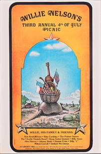 Willie Nelson 3rd Annual 4th July Picnic Poster: 1975. Rare, uncut poster by Jim Franklin. Measures 11 1/2" x 17 1/2".