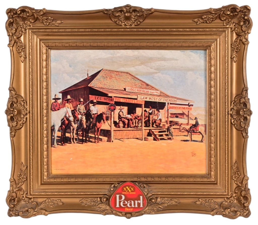 Pearl Beer Judge Roy Bean Sign c.1946: Pearl Beer advertising sign paper litho over cardboard, framed 25.5" x 29.5". Judge Roy Bean's infamous "Horse Thief Trial". Missing the upper lamp on the frame.
