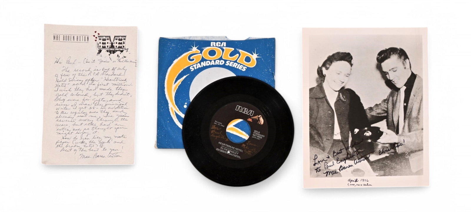 Mae Axton, Heartbreak Hotel Writer, Signed Items: From the personal collection of Paul English. Mae Beren Axton (primary writer on Elvis' Heartbreak Hotel), personally signed items to Paul English: Comes with signed 8x10 photo of her and Elvis, April