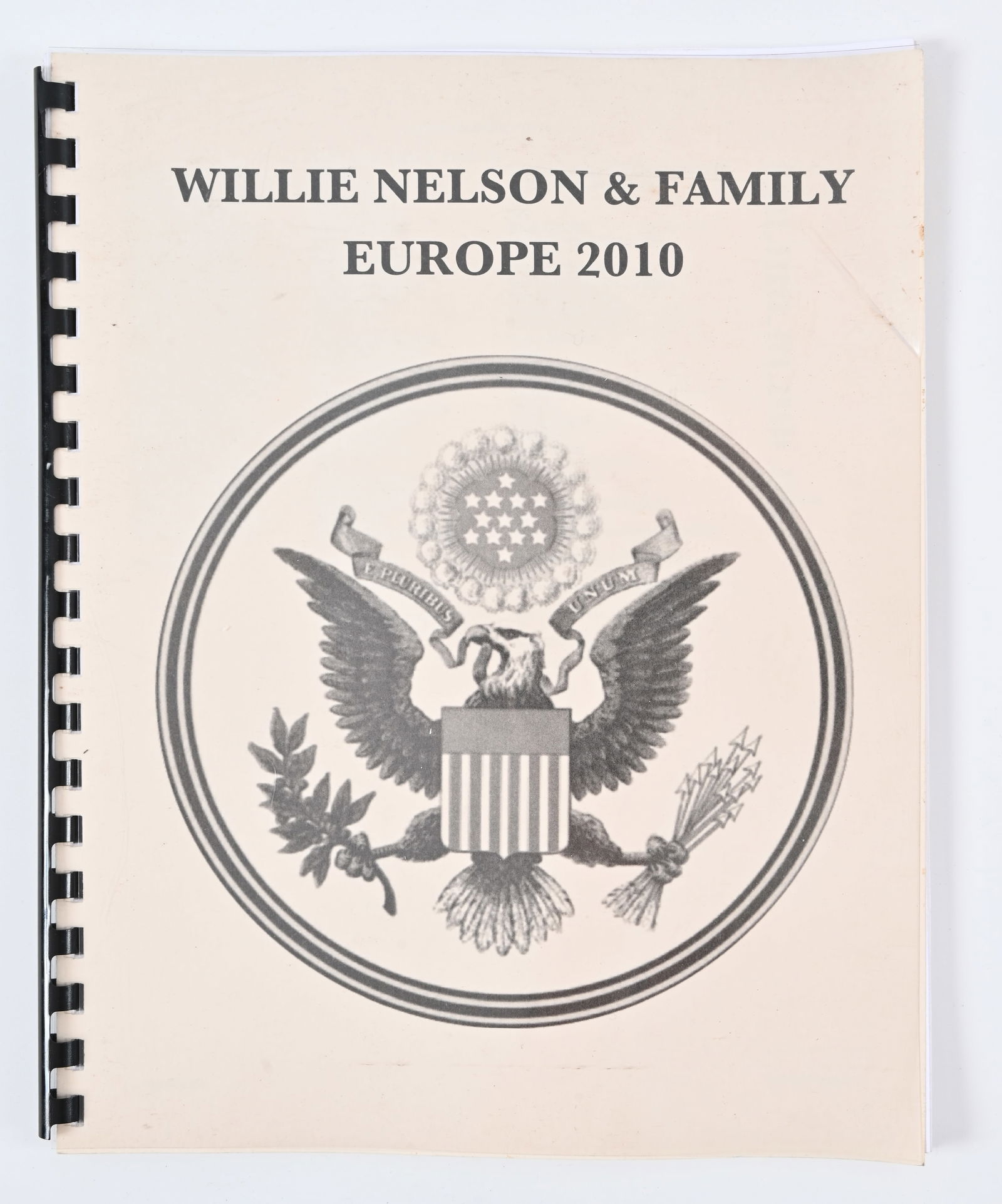 Willie Nelson & Family 2010 Europe Tour Itinerary: Itinerary book for Willie Nelson & Family's 2010 European Tour. From the Paul English Collection. Thirty-eight pages, 8.5x11