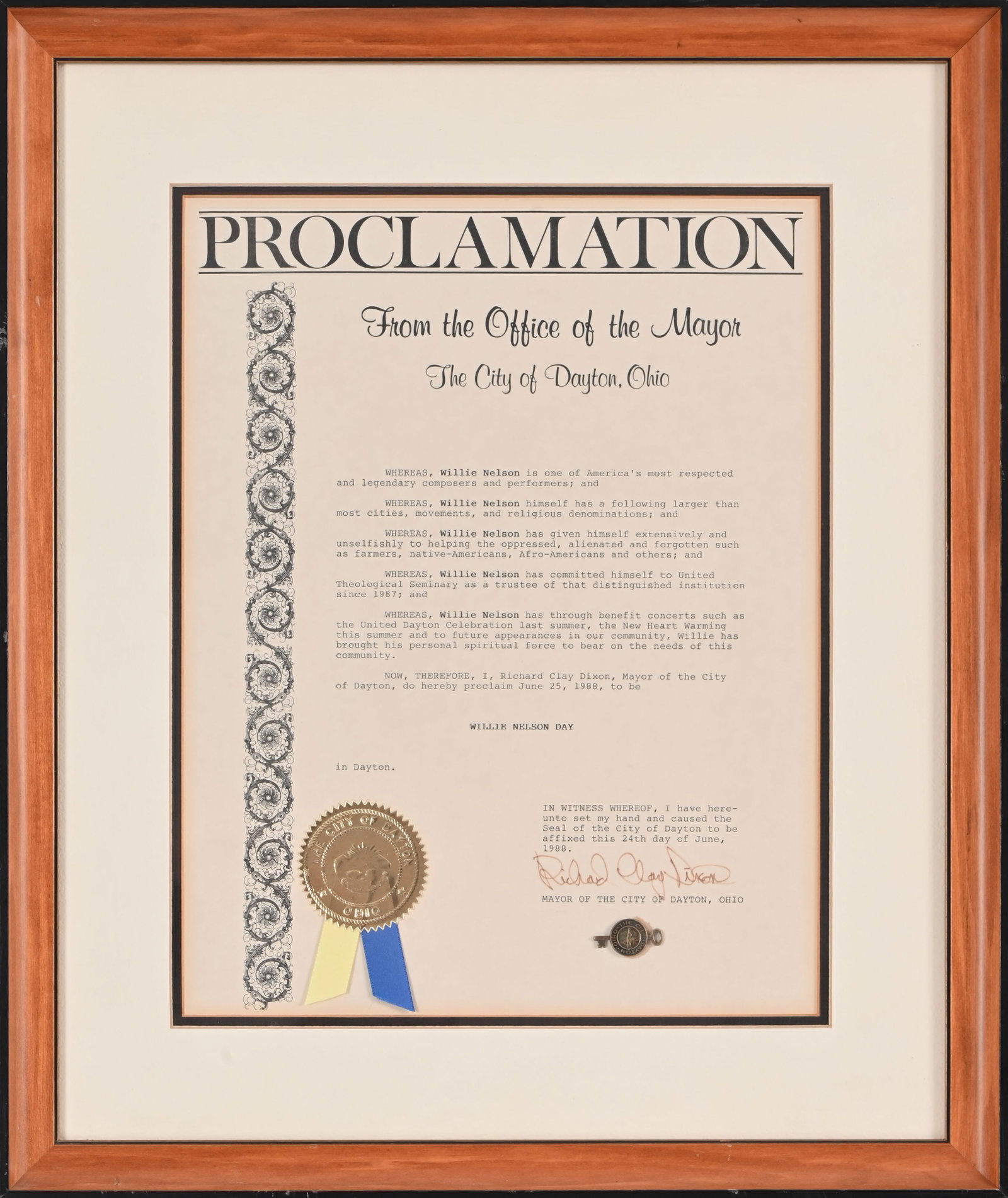 Willie Nelson Day Proclamation, Dayton Ohio: From the personal collection of Paul English. June 25, 1988. Signed by Dayton Ohio Mayor Richard Clay Dixon. Framed 16.5" x 19.5"