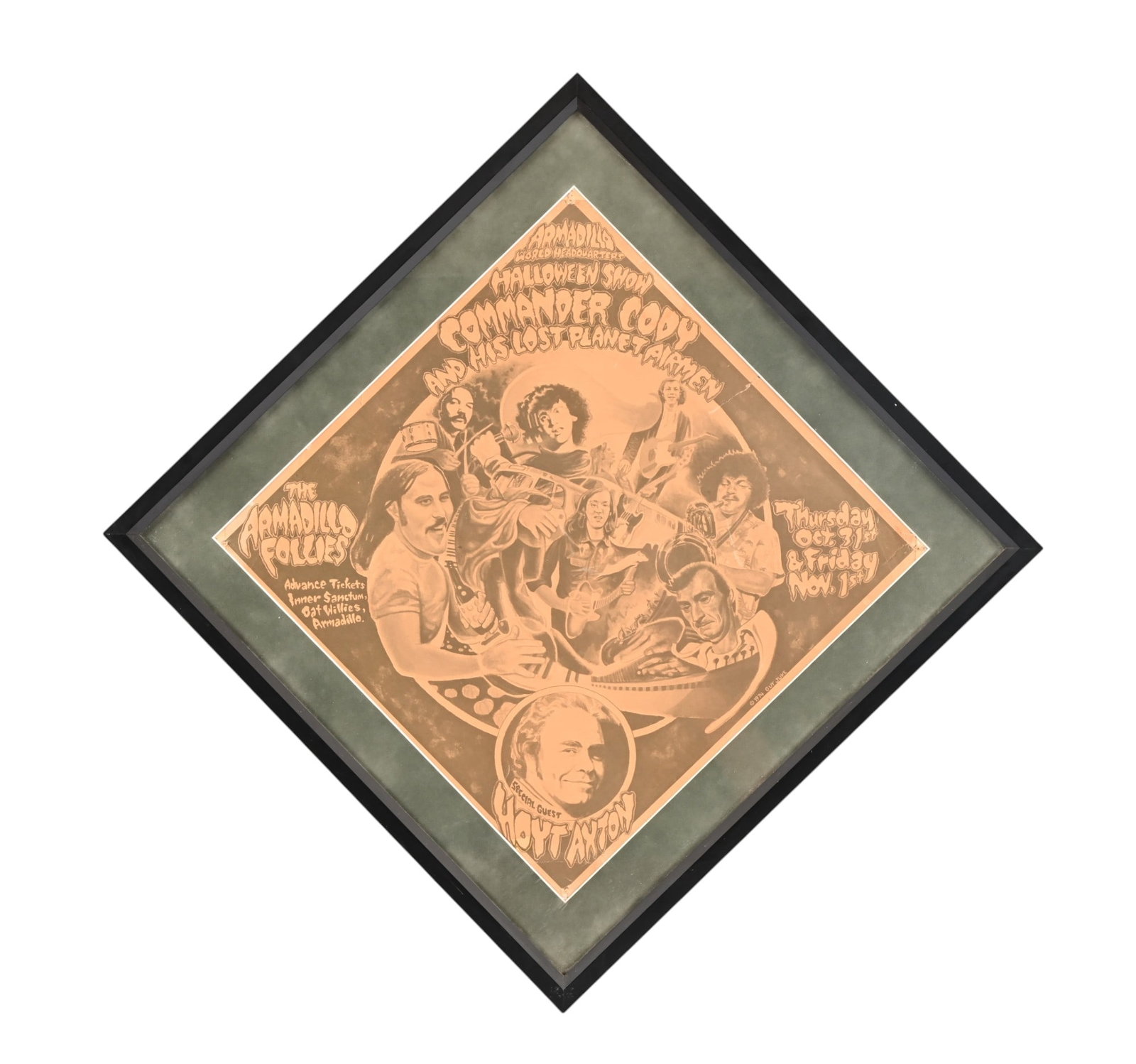 Scarce AWHQ Commander Cody Poster by Guy Juke 1974: Commander Cody and His Lost Planet Airmen, Halloween Show at the Armadillo World Headquarters, Thursday October 31-Friday November 1st 1974, with the Armadillo Follies and special guest Hoyt Axton. Po