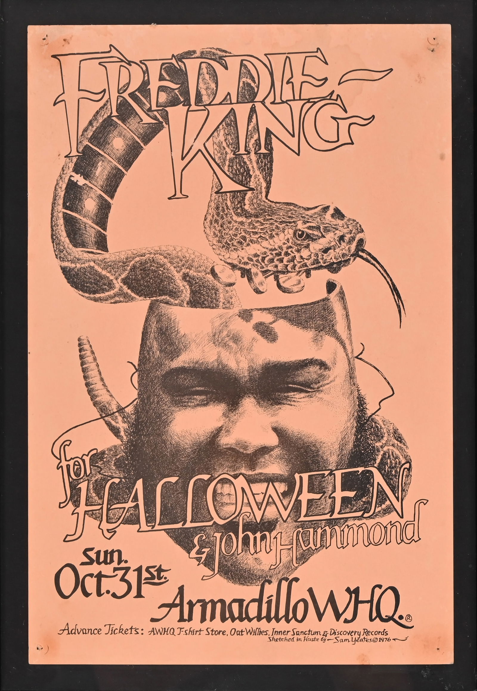 AWHQ Freddie King Halloween Poster Sam Yeates: Freddie King and John Hammond, Armadillo World Headquarters, Austin Texas. poster art by Sam Yeates, 1976. Measures 11.5" x 17.5"