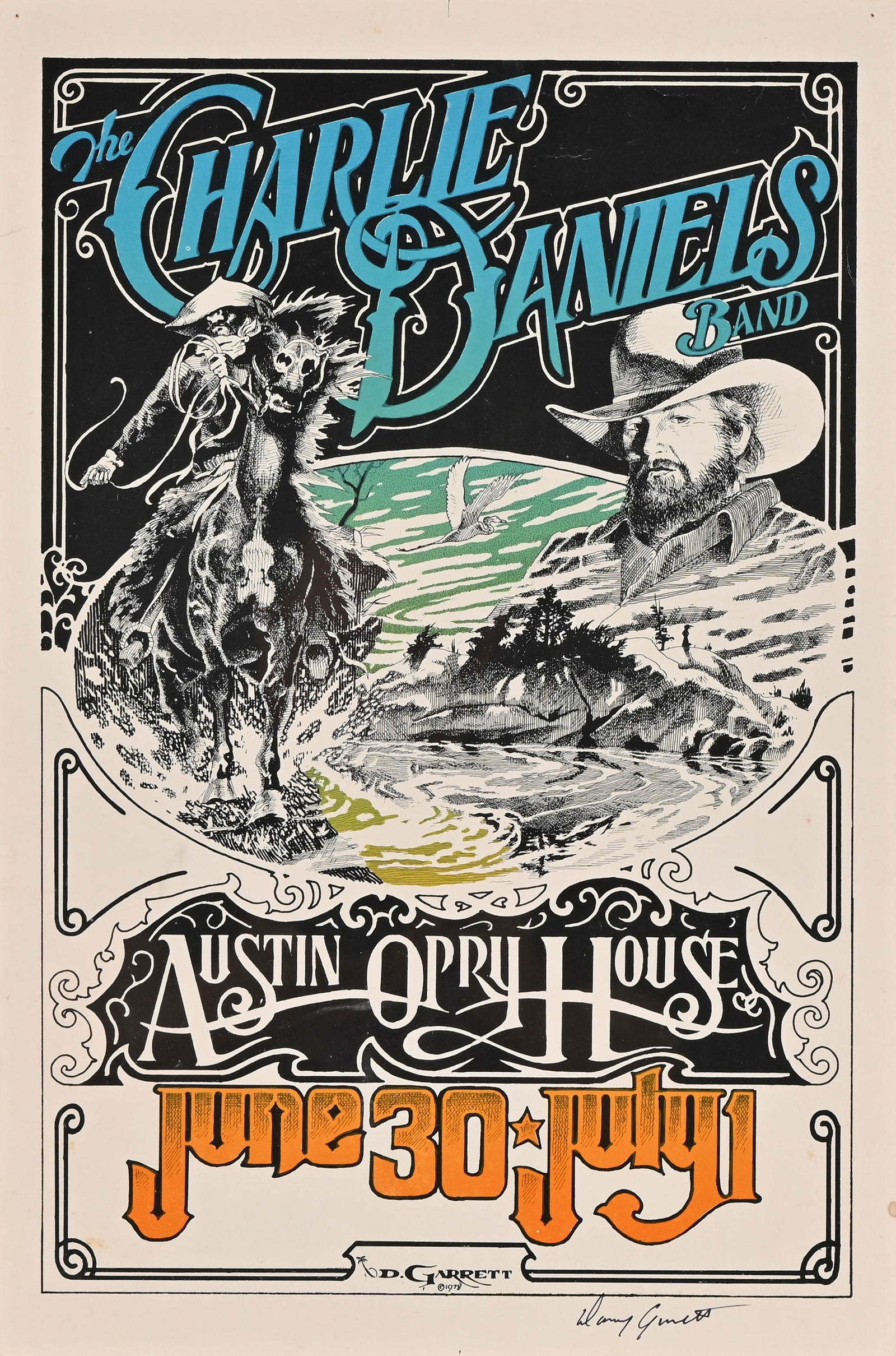 Charlie Daniels Band, Austin Opry House Poster: The Charlie Daniels Band, Austin Opry House. Poster art by Danny Garrett 1978, signed bottom right. 11.5" x 17.5"