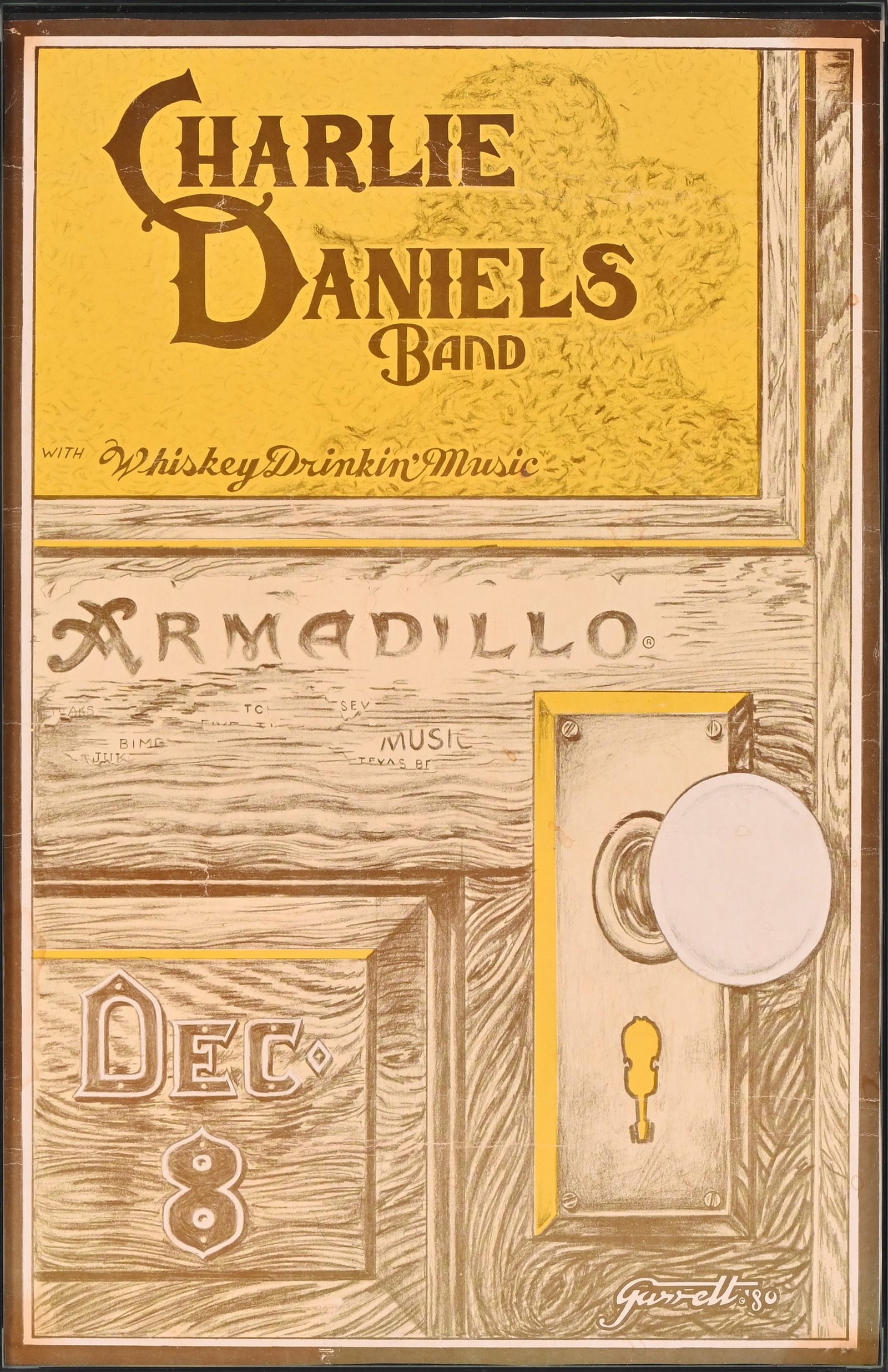 AWHQ Charlie Daniels Band Poster by Danny Garrett: Charlie Daniels Band, with Whiskey Drinkin' Music, at the Armadillo World Headquarters, Austin Texas. December 8th. Poster art by Danny Garrett, 1980. Poster measures 10.5" x 16.5"