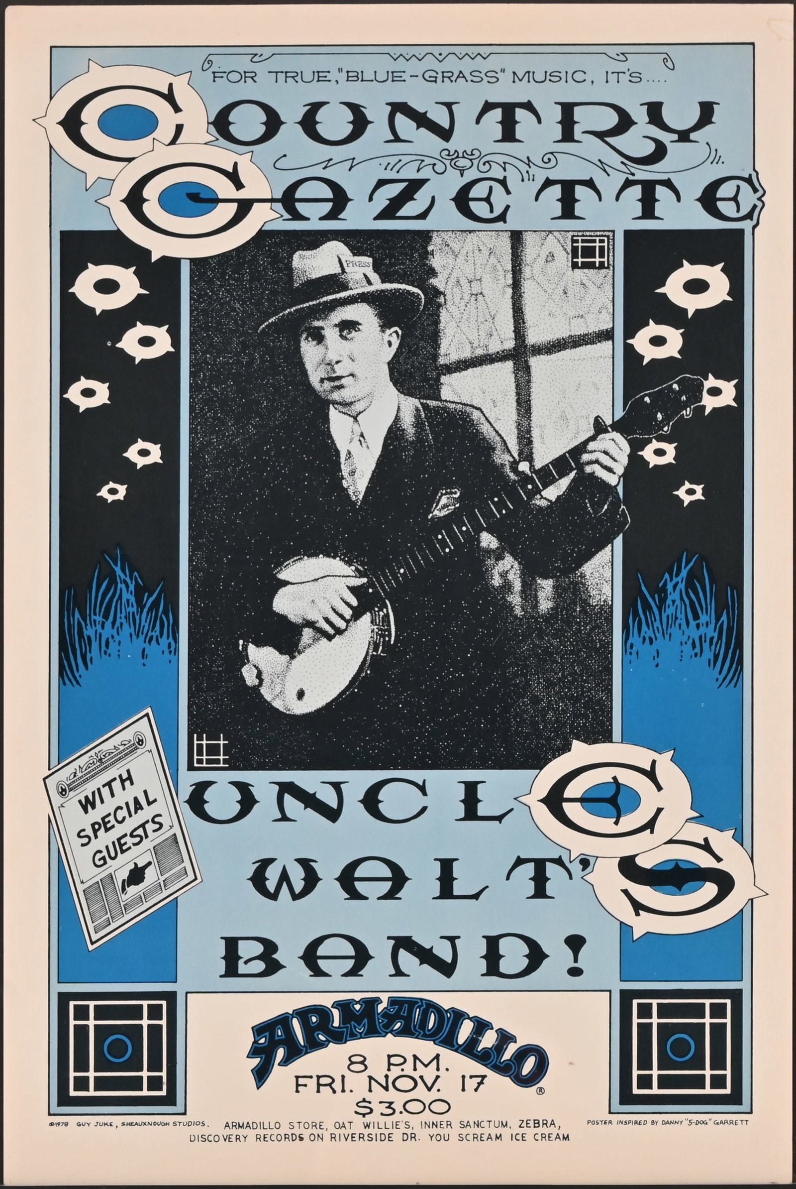 AWHQ Country Gazette Poster by Guy Juke 1978: Country Gazette, with special guest Uncle Walt's Band. Armadillo World Headquarters, Austin Texas. Poster art by Guy Juke, 1978. Measures 11.5" x 17.5"