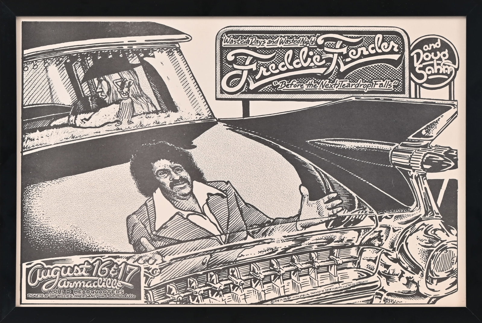 AWHQ Freddie Fender Doug Sahm Poster by M. Priest: Freddie Fender and Doug Sahm, August 16-17, Armadillo World Headquarters. Poster art by Micael Priest, 1975 with special thanks to Dave Moriarty and Keith Ferguson. Poster measures 11x17