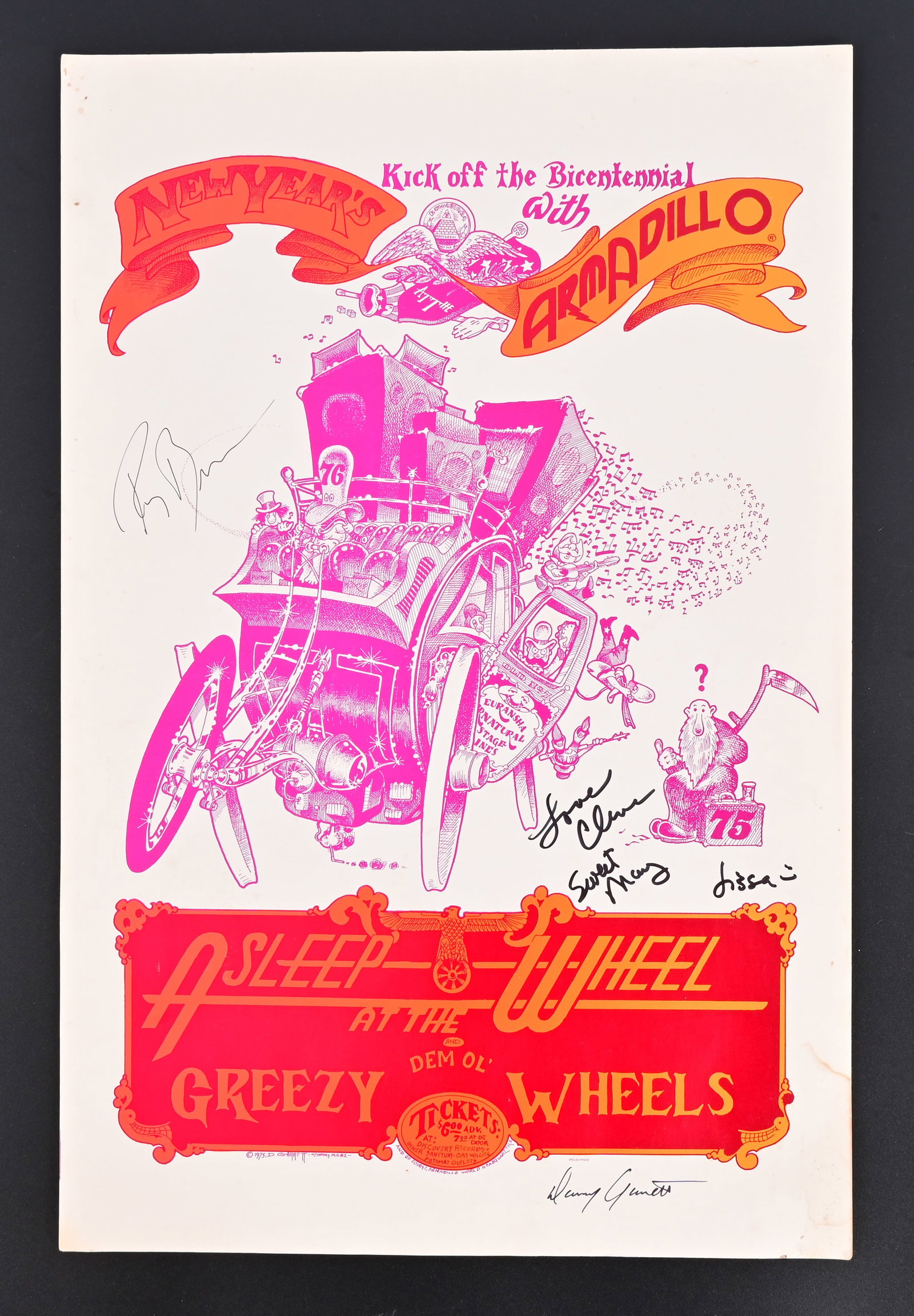 AWHQ Asleep at the Wheel Poster, Signed: Asleep at the Wheel with special guests Greezy Wheels, Armadillo World Headquarters, Austin Texas. Signed by Ray Benson of Asleep at the Wheel and Cleve, Lissa, and Sweet Mary Hattersley of Greezy Whe