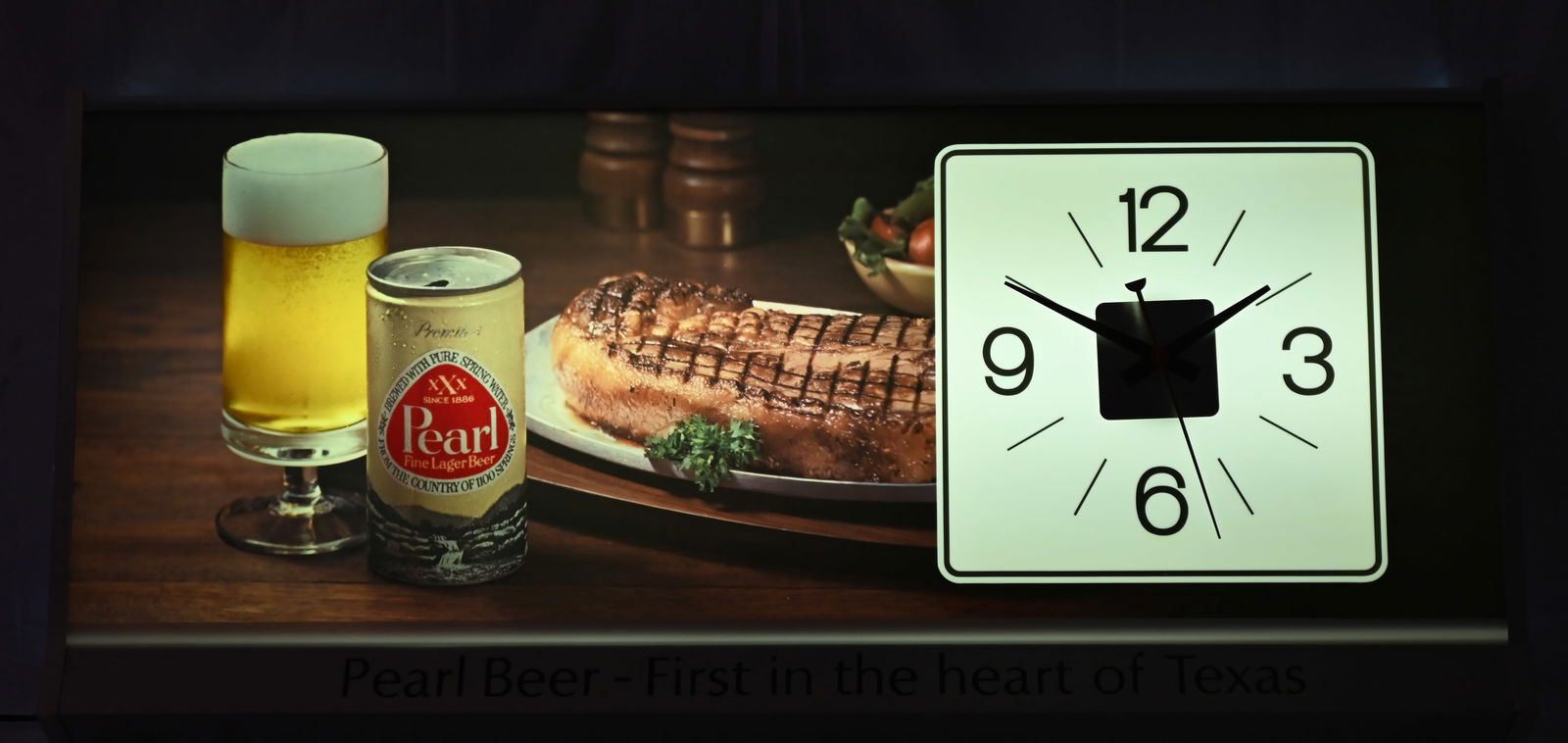 Pearl Beer Advertising Lighted Clock Circa 1975: Steak Night" , In good working condition, Sign measures 5" x 17" x 39