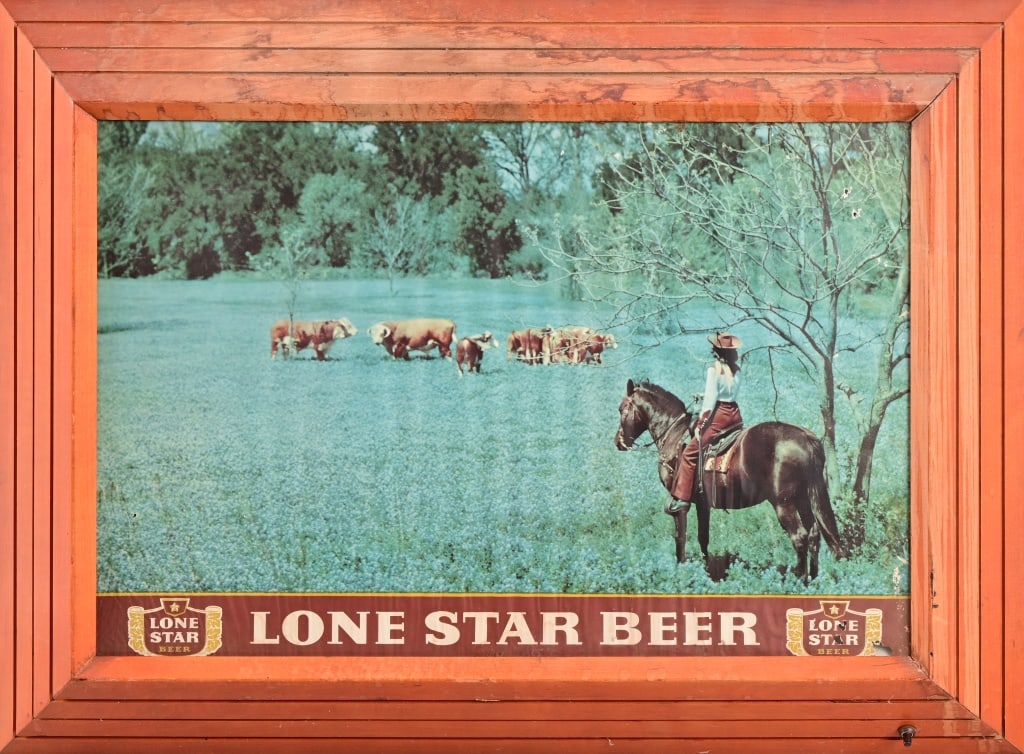 Lone Star Beer Lighted Sign Ranch Oak Frame: Cowgirl watching over herd. Working condition. Measures 29 1/2" x 21 1/2" x 3 1/2".
