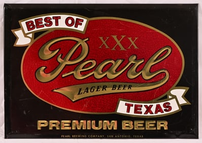 Pearl Beer Tin Over Cardboard Sign