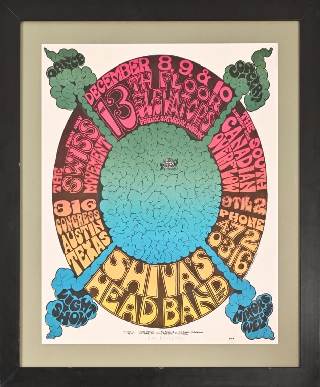 13th Floor Elevators Poster, Roky Erickson Signed: The 13th Floor Elevators, Shiva's Headband, The Swiss Movement, The South Canadian Overflow, Vulcan Gas Company. Signed mid-bottom by Roky Erickson. Framed and matted 30" x 36", sight 22" x 28"