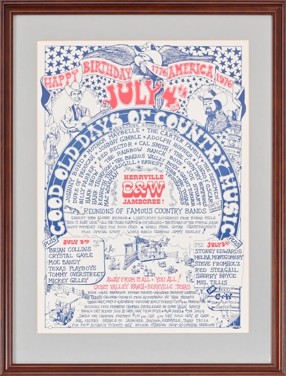 Kerrville Country & Western Jamboree Poster 1976: Rare July 4th Kerrville C&W Jamboree poster by Kirchner 1976, Featuring headliners Ernest Tubb and Red Steagall.