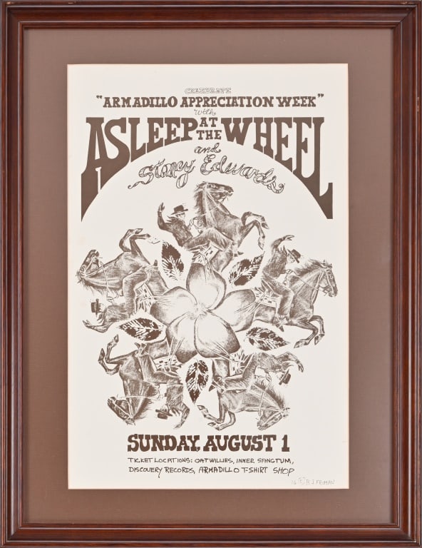 AWHQ Asleep At The Wheel Poster by BJ Froman '76: Armadillo World Headquarters Appreciation Week, featuring Asleep at the Wheel and Stoney Edwards. Poster by BJ Froman, 1976. Framed and matted 16.5 x 21.5, sight 11" x 17"