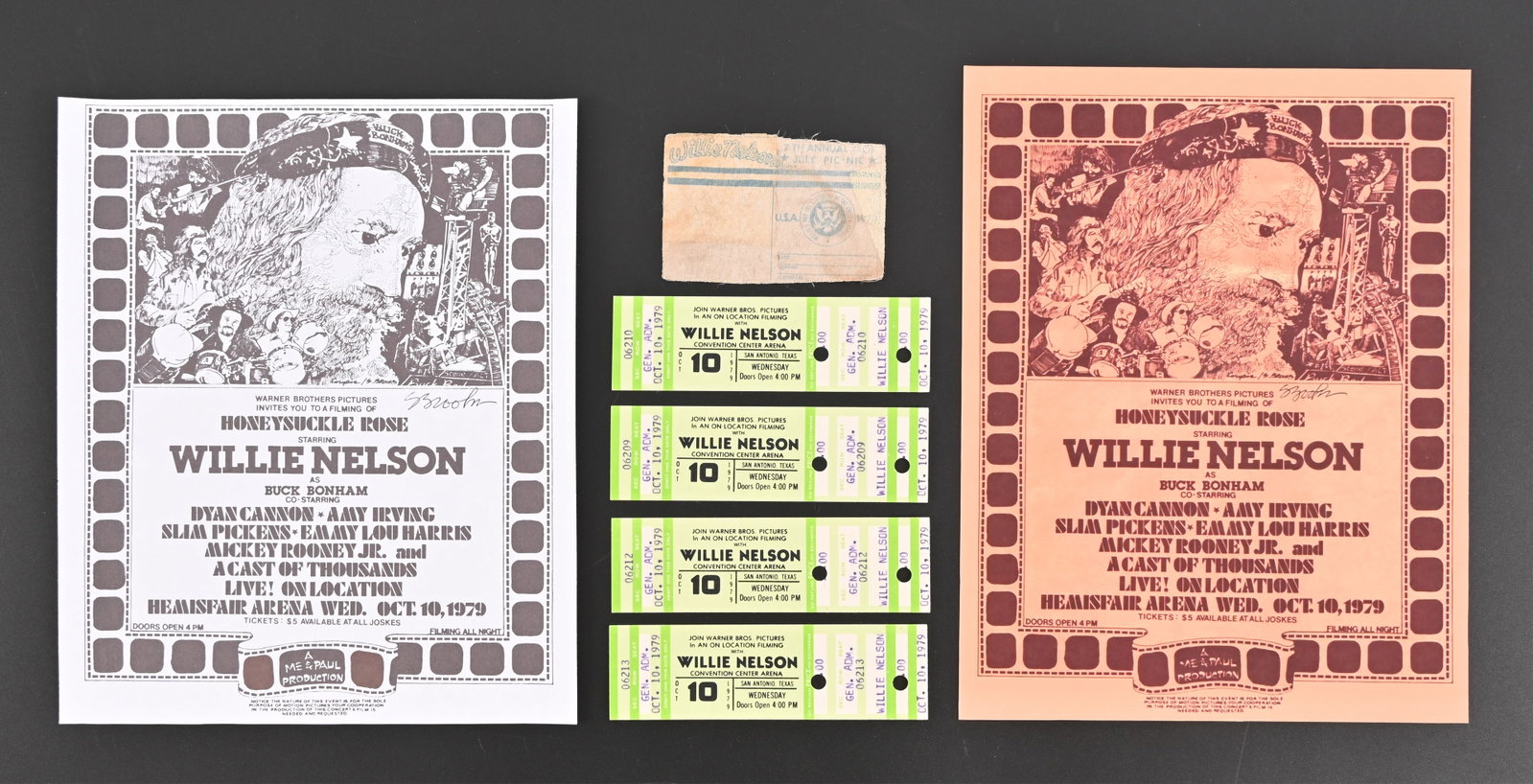 Willie Nelson Honeysuckle Rose Movie Color Proof: Signed by artist Steve Brooks. Movie color proof and handbill with 4 movie tickets dated October 10, 1979. Also included is a Willie Nelson 7th Annual 4th of July (1979) picnic pass. Color proof measu