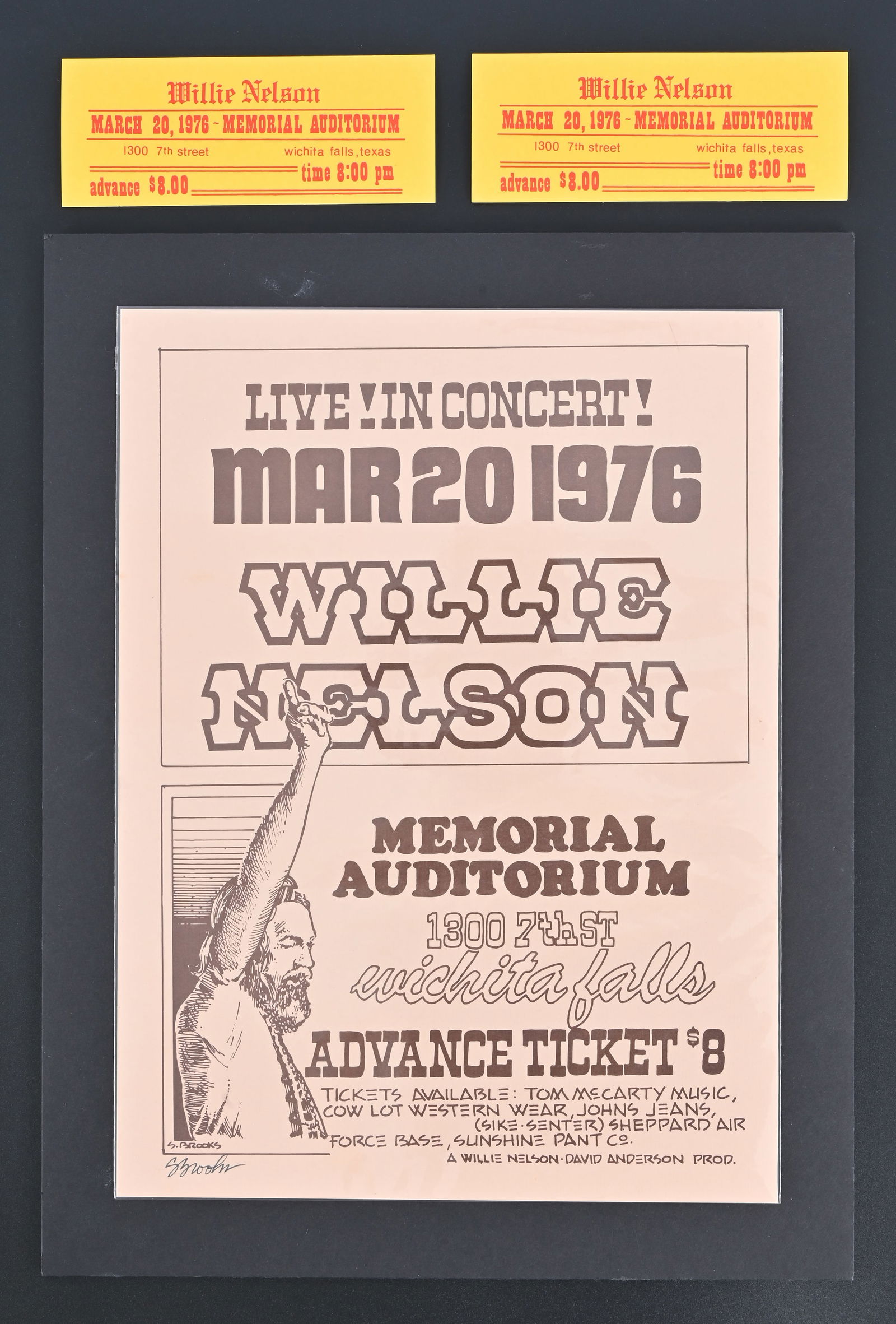 Willie Nelson 1976 Handbill and 2 Tickets: Live in concert, March 20, 1976, Memorial Auditorium Wichita Falls. Also comes with two (2) event concert tickets. Poster measures 9" x 12".