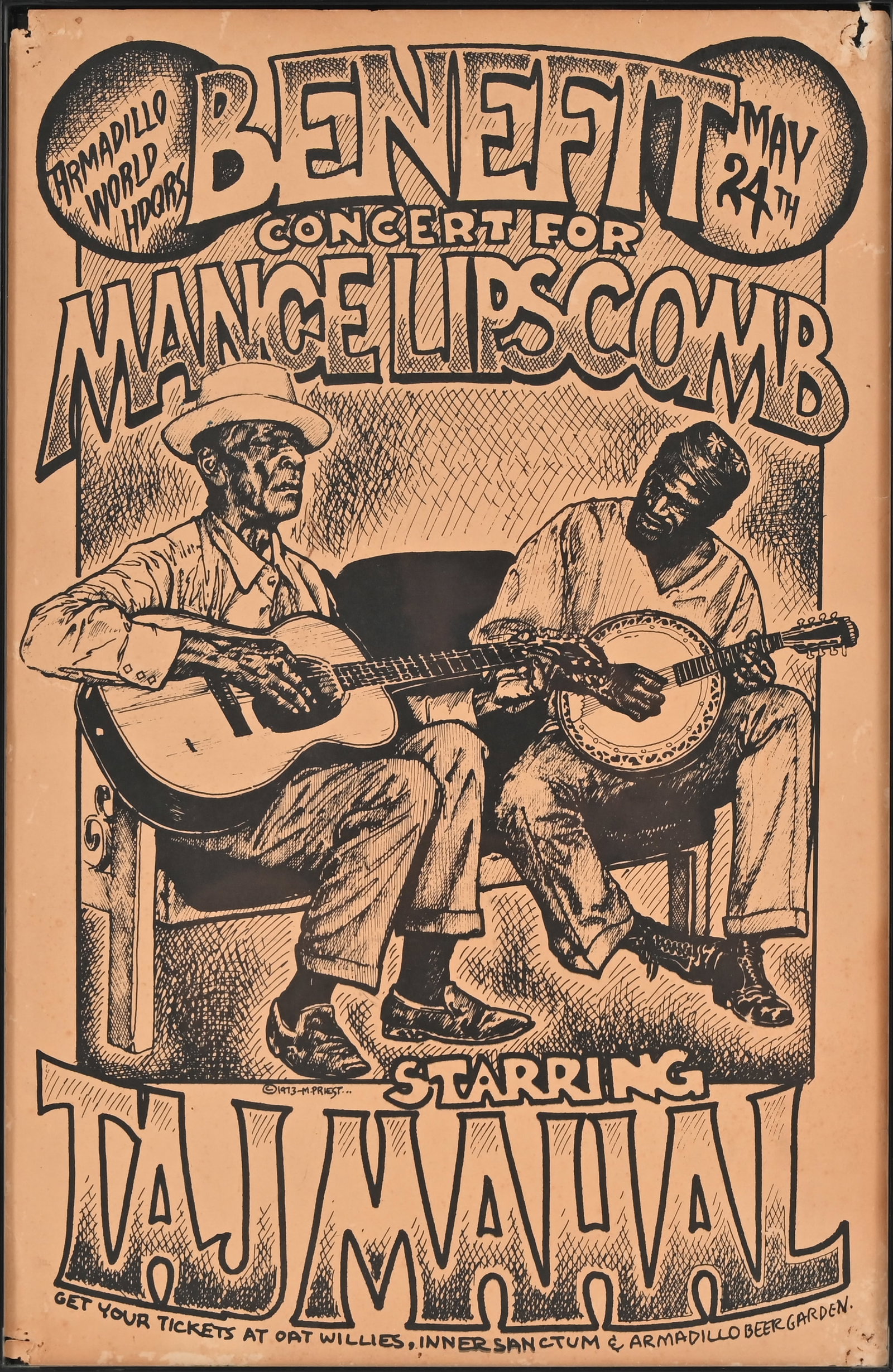 AWHQ Mance Lipscomb Benefit Poster, Micael Priest: Poster art by Micael Priest 1973, Benefit for Mance Lipscomb starring Taj Mahal, at the Armadillo World Headquarters, Austin Texas, May 24th. Poster measures 11 x 17.