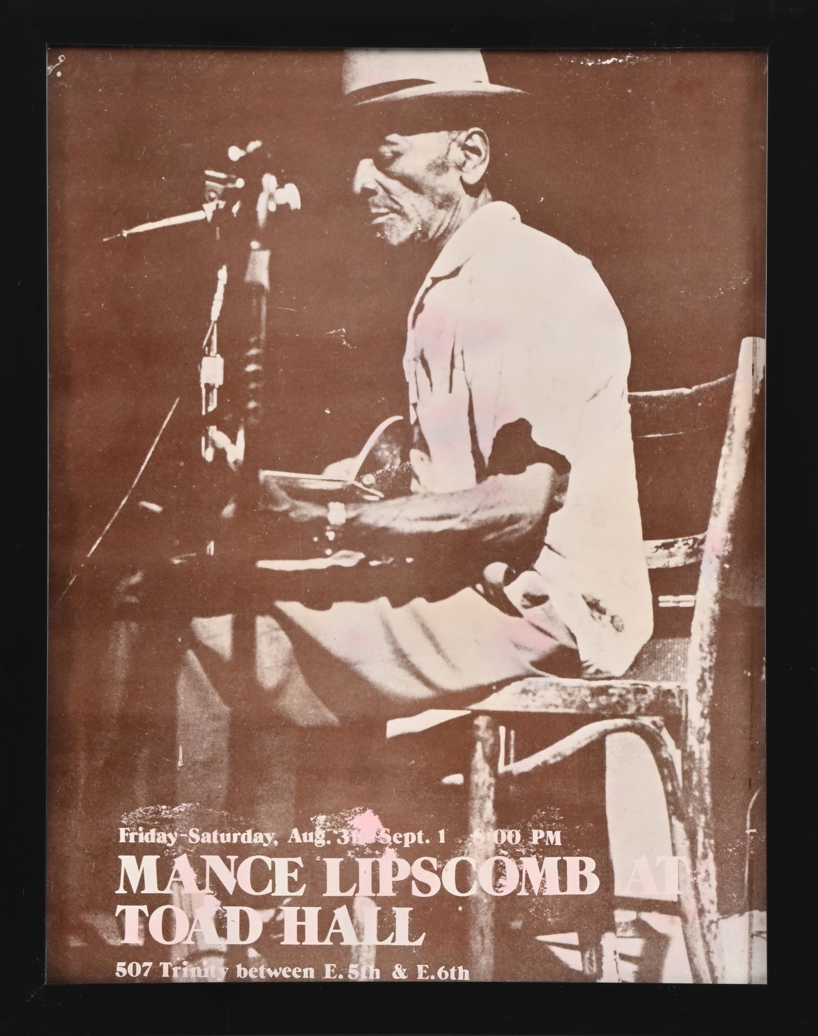 Rare Mance Lipscomb Toad Hall Austin TX Handbill: Rare handbill for Mance Lipscomb at the Toad Hall, Austin Texas, Framed 8.5" x 11. Does show some water damage and adhesive removal from the front lettering.