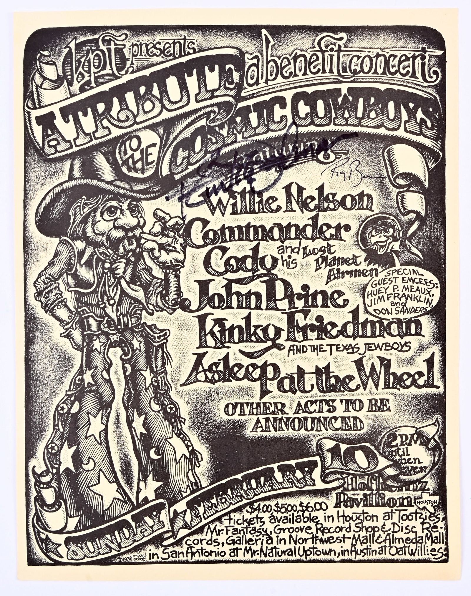 Scarce Double-Signed Handbill by Micael Priest: Willie Nelson, Commander Cody and his Lost Planet Airmen, John Prine, Kinky Friedman and the Texas Jewboys, Asleep at the Wheel and more. Hofheinz Pavilion, Houston Texas. Signed by Kinky Friedman and