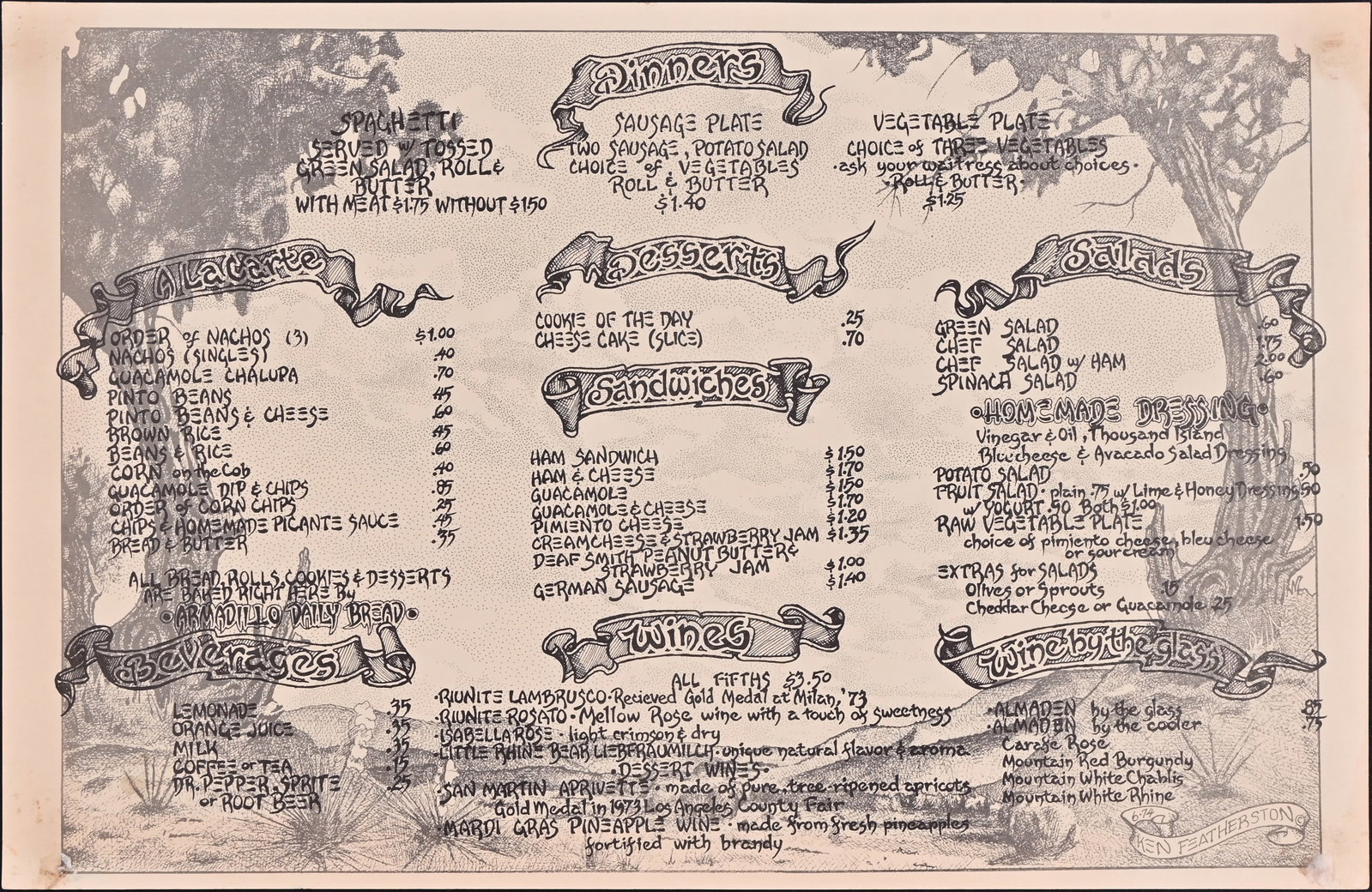 AWHQ Beer Garden Menu by Ken Featherston 1974: Armadillo World Headquarters Beer Garden Menu, Austin Texas. Artwork by Ken Featherston, 1974. Measures 11x17