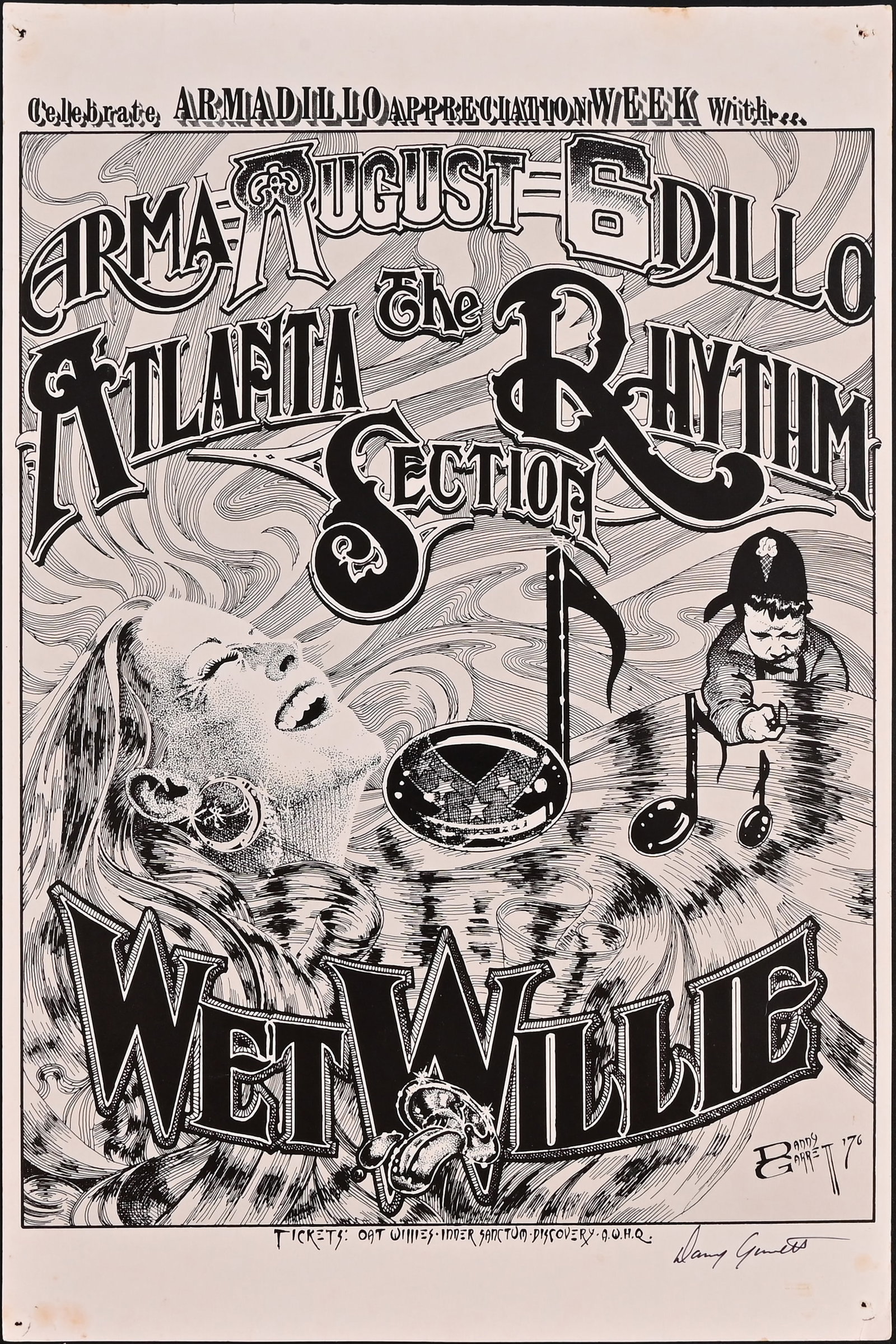 AWHQ Atlanta Rhythm Section Poster, Signed: The Atlanta Rhythm Section with special guest Wet Willie. Armadillo World Headquarters, Austin Texas. Signed by poster artist Danny Garrett, bottom right. 11.5x17.5