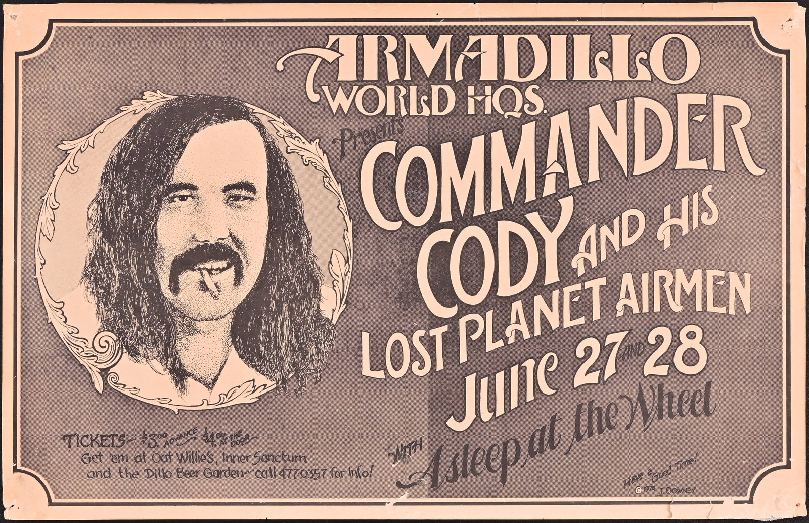 AWHQ Commander Cody, Asleep at the Wheel Poster: Commander Cody and his Lost Planet Airmen, with special guests Asleep at the Wheel. Armadillo World Headquarters, Austin Texas. Poster art by J. Downey 1976. Measures 11x17