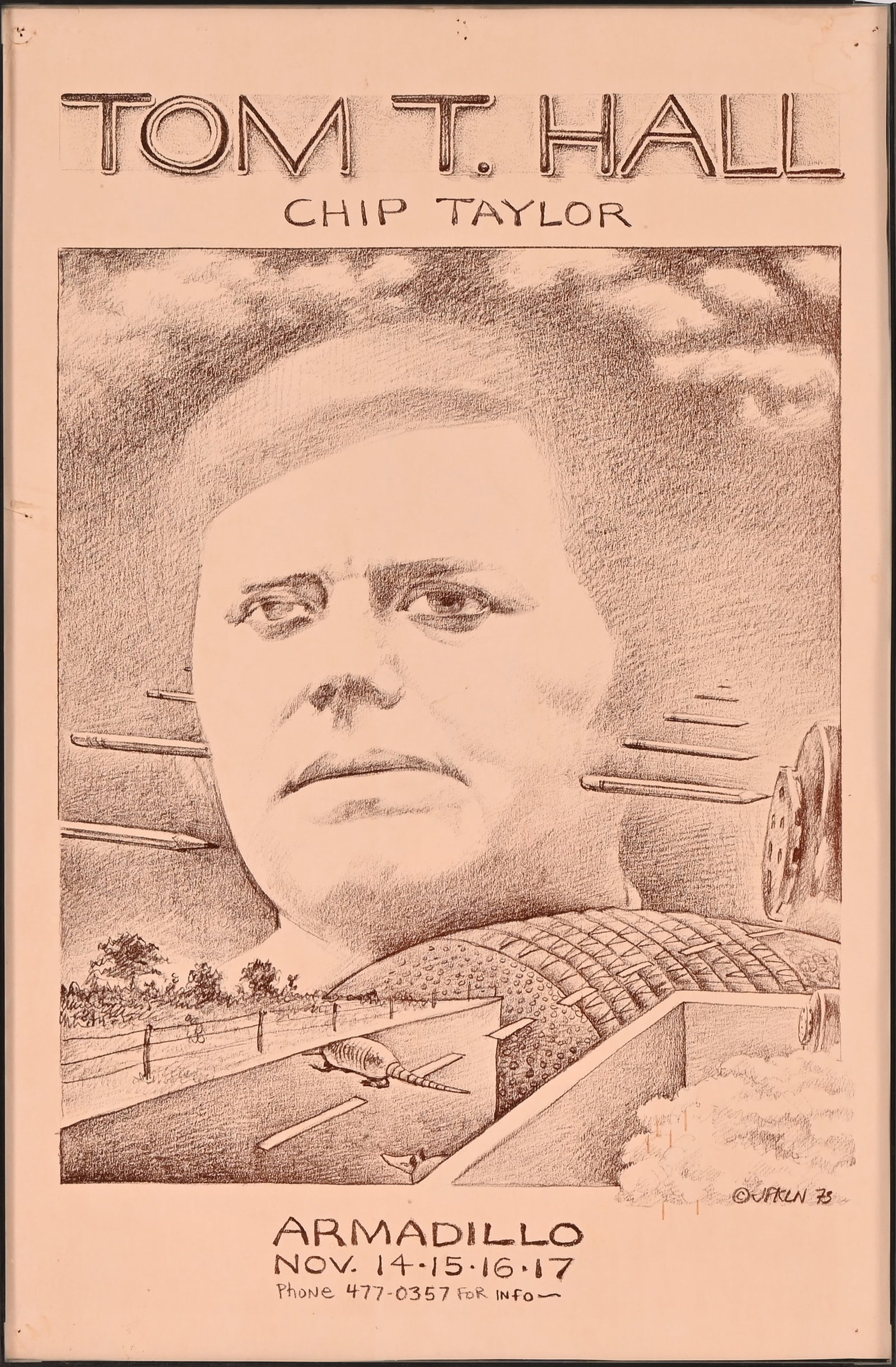 AWHQ Tom T. Hall Poster by Jim Franklin 1973: Tom T. Hall at the Armadillo World Headquarters, Austin Texas, November 14-17. Poster art by Jim Franklin, 1973. Measures 11x17