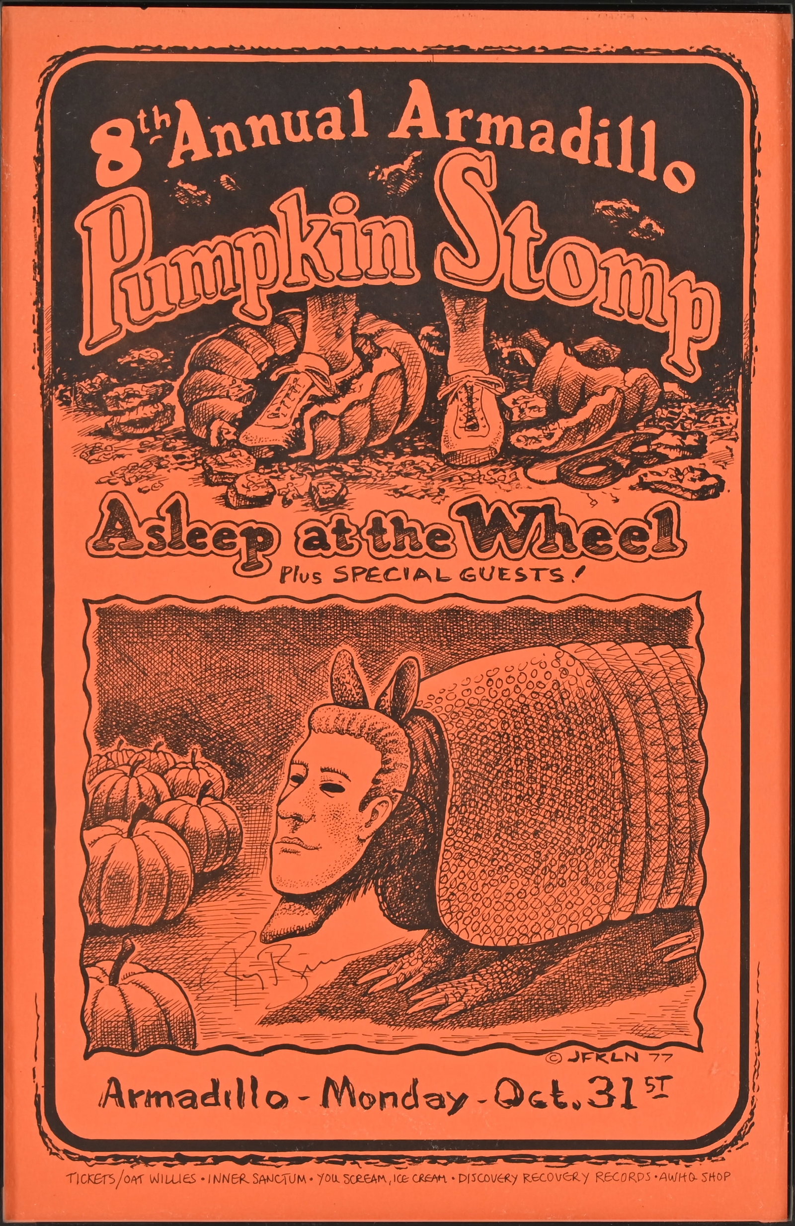AWHQ Pumpkin Stomp Ray Benson Signed Poster: 8th Annual Pumpkin Stomp featuring Asleep at the Wheel and other Special Guests. Armadillo World Headquarters, Austin Texas. Signed by Ray Benson of Asleep at the Wheel. Poster art by Jim Franklin, 19