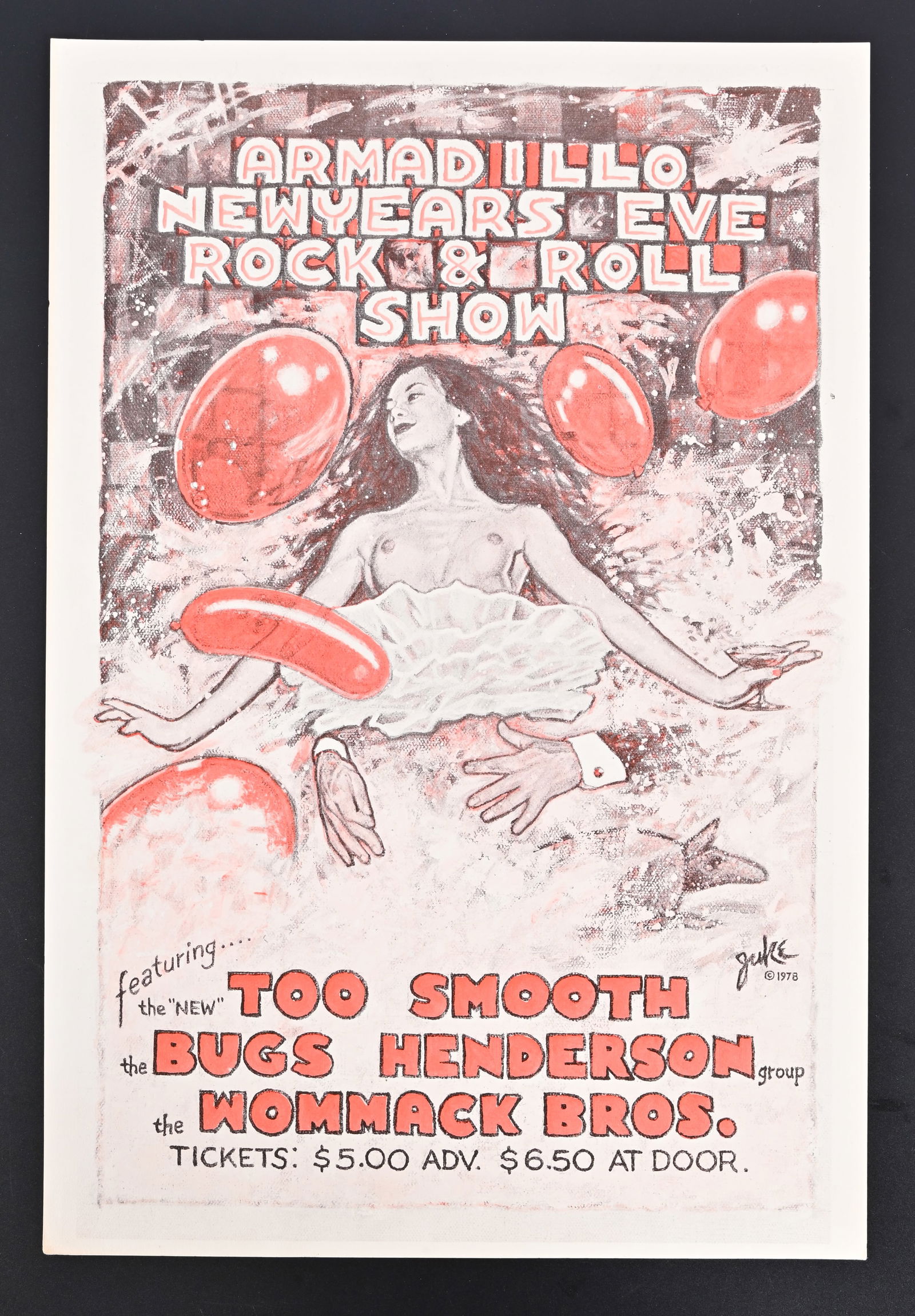 AWHQ New Year's Eve Poster by Guy Juke 1978: Armadillo New Years Eve Rock & Roll Show, featuring, Too Smooth, Bugs Henderson Group, and The Wommack Bros. Armadillo World Headquarters, Austin Texas. Poster art by Guy Juke 1978, measures 11.5" x 1