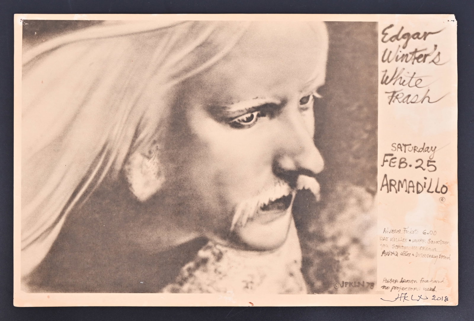 AWHQ Edgar Winter Poster, Jim Franklin Signed: Edgar Winter's White Trash, Armadillo World Headquarters, Austin Texas. Signed by Poster artist Jim Franklin in 2018, bottom right. 11.5" x 17.5'