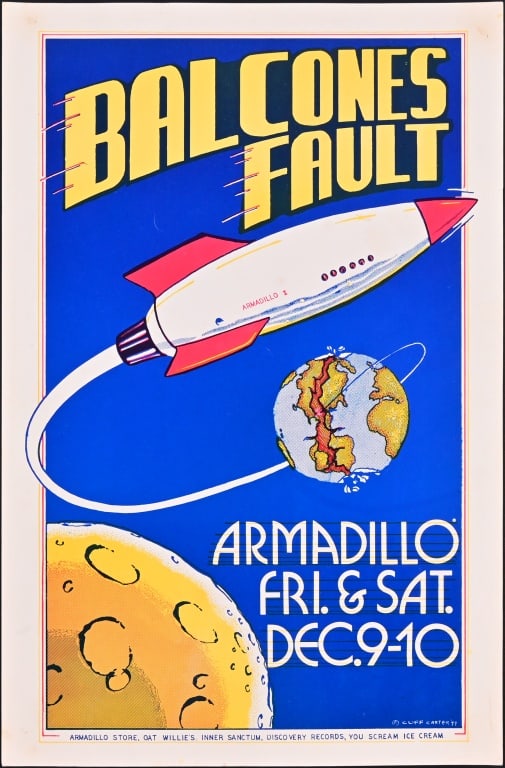 AWHQ Balcones Fault Poster by Cliff Carter '77: Armadillo World Headquarters, Austin Texas. Poster art 1977 by Cliff Carter. 11.5" x 17.5"