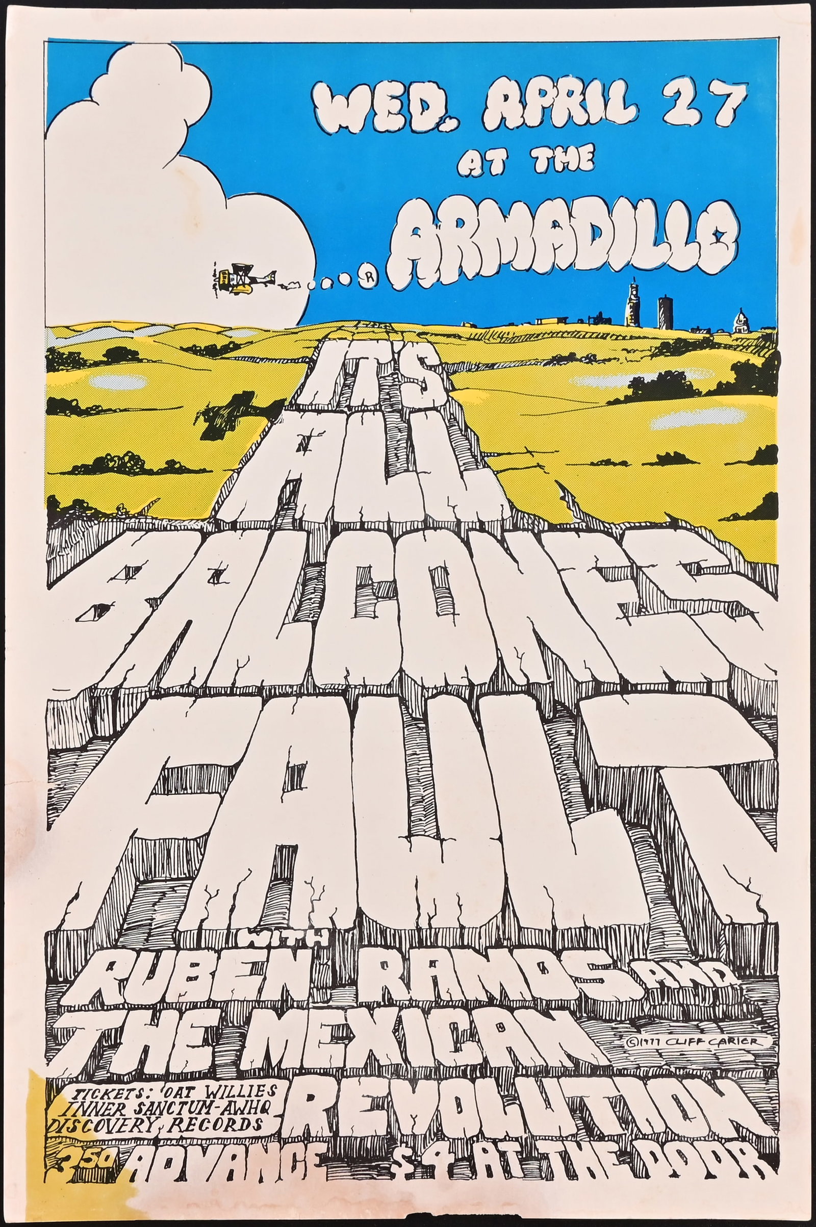 AWHQ Balcones Fault Poster by Cliff Carter '77: Balcones Fault, also featuring Ruben Ramos and The Mexican Revolution. Armadillo World Headquarters, Austin Texas. Poster art 1977 by Cliff Carter. 11.5" x 17.5"