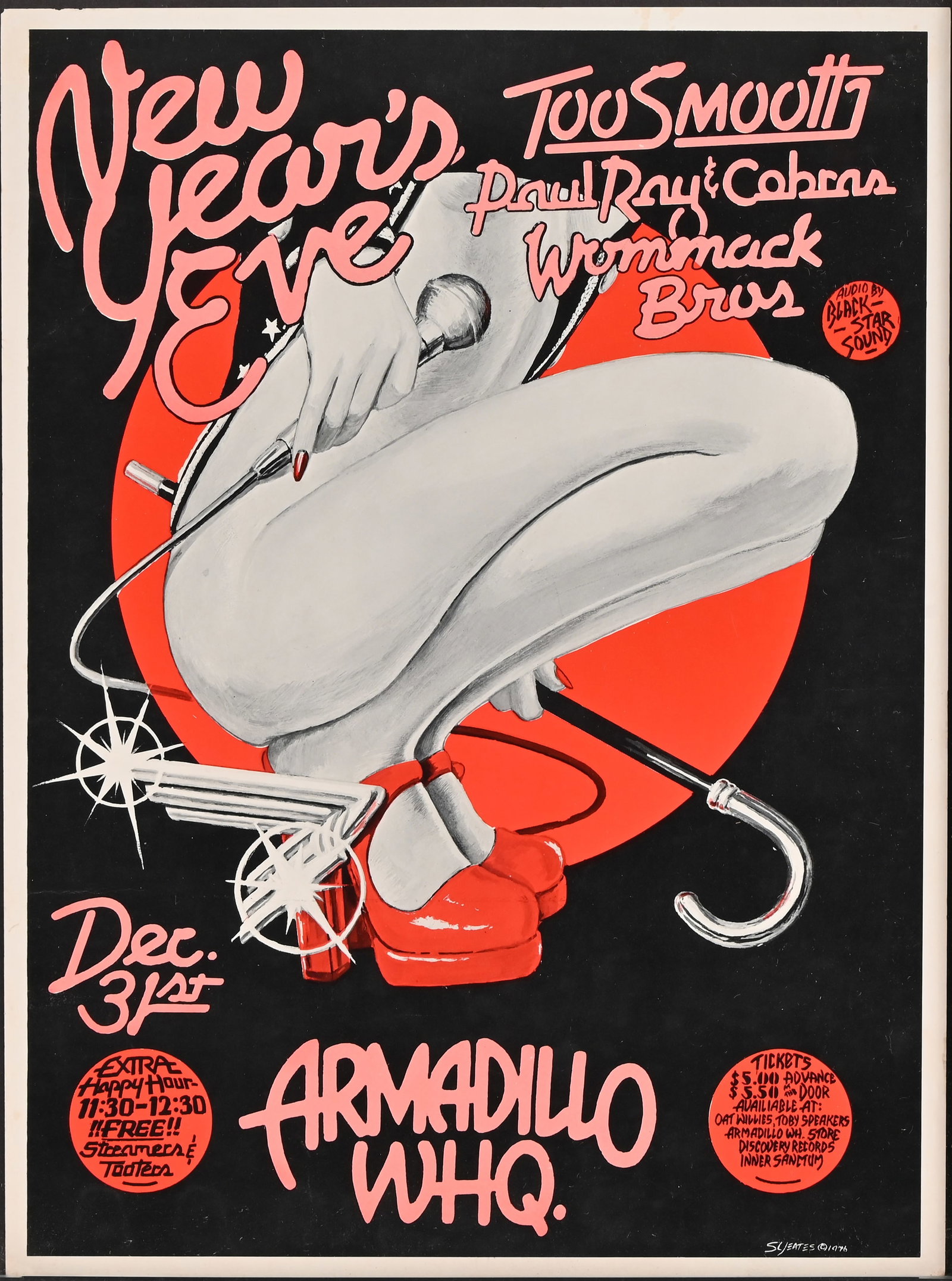 AWHQ New Year's Eve Poster by Sam Yeates 1976: Armadillo World Headquarters, Austin Texas. Featuring Too Smooth, Paul Ray & the Cobras, and the Wommack Bros. Poster art by Sam Yeates, 1976. Very good condition, 11.5" x 15.25"