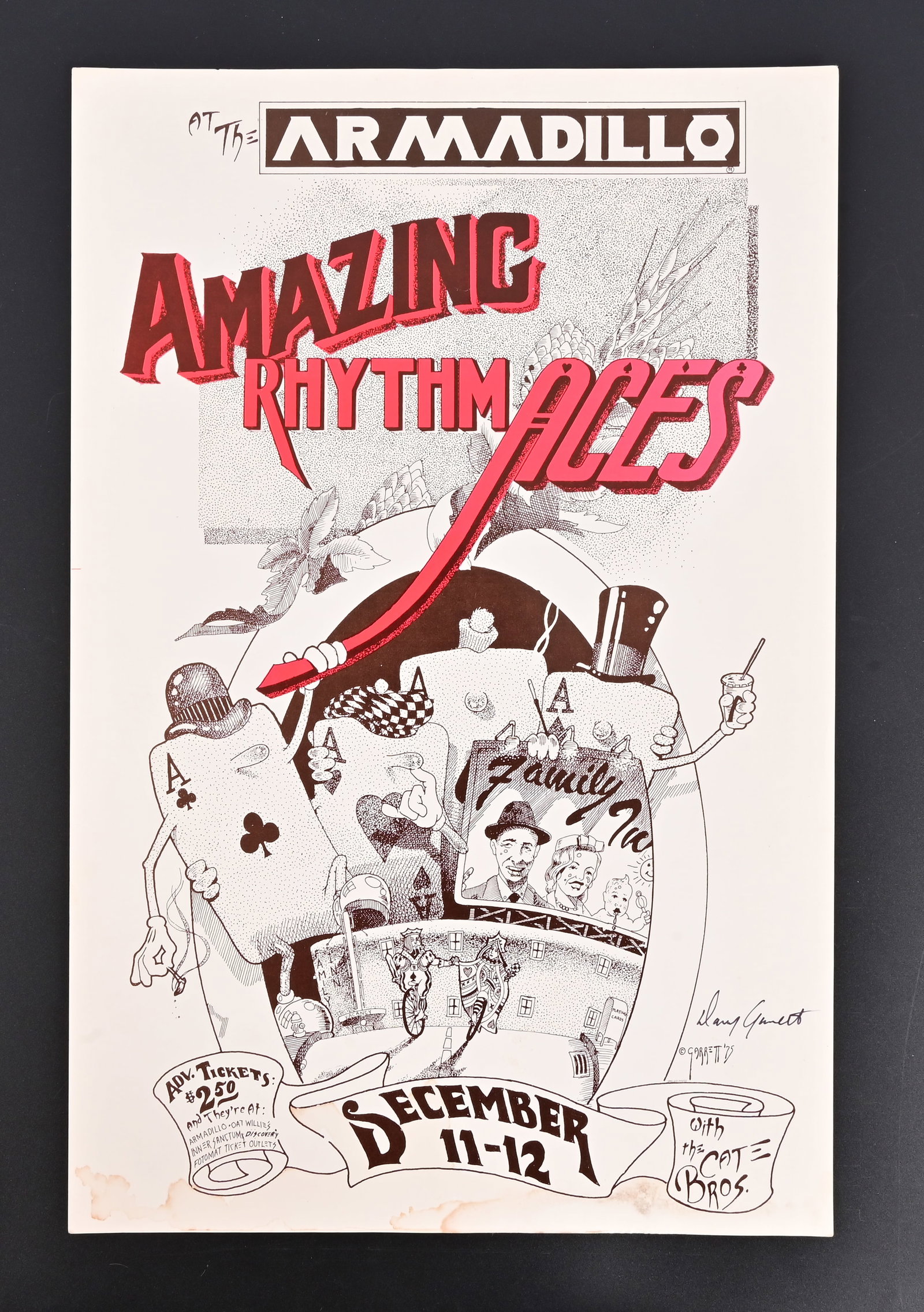 AWHQ Amazing Rhythm Aces Poster, Signed: Amazing Rhythm Aces with The Cate Bros., Armadillo World Headquarters, Austin Texas. Signed by poster artist Danny Garrett, 11.5 x 17.5