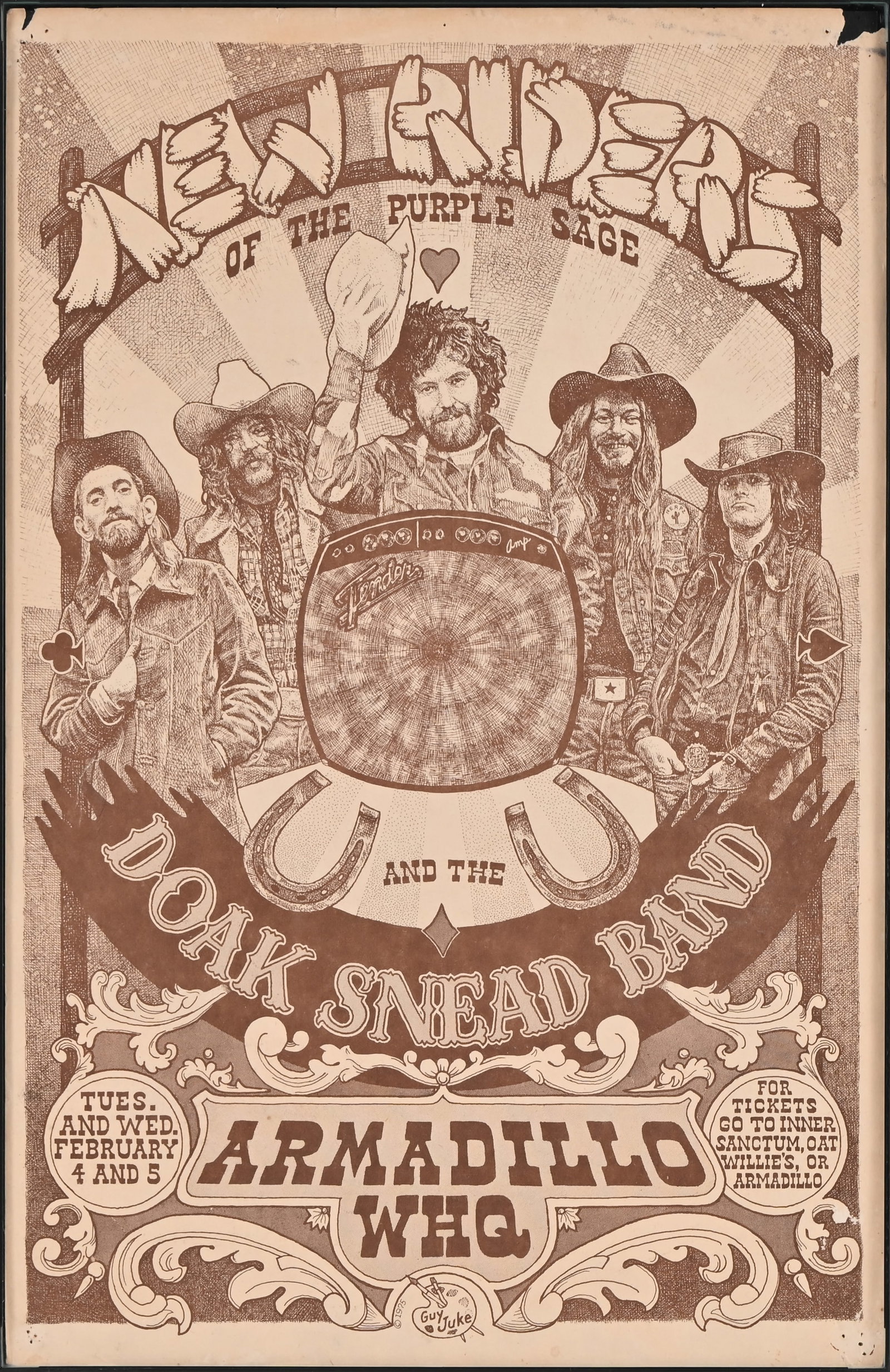 AWHQ New Riders of the Purple Sage Poster by Juke: New Riders of the Purple Sage, with the Doak Snead Band. Armadillo World Headquarters, Austin Texas, February 4-5th. Poster art by Guy Juke, 1975. Some edge issues when posted. Framed 11x17