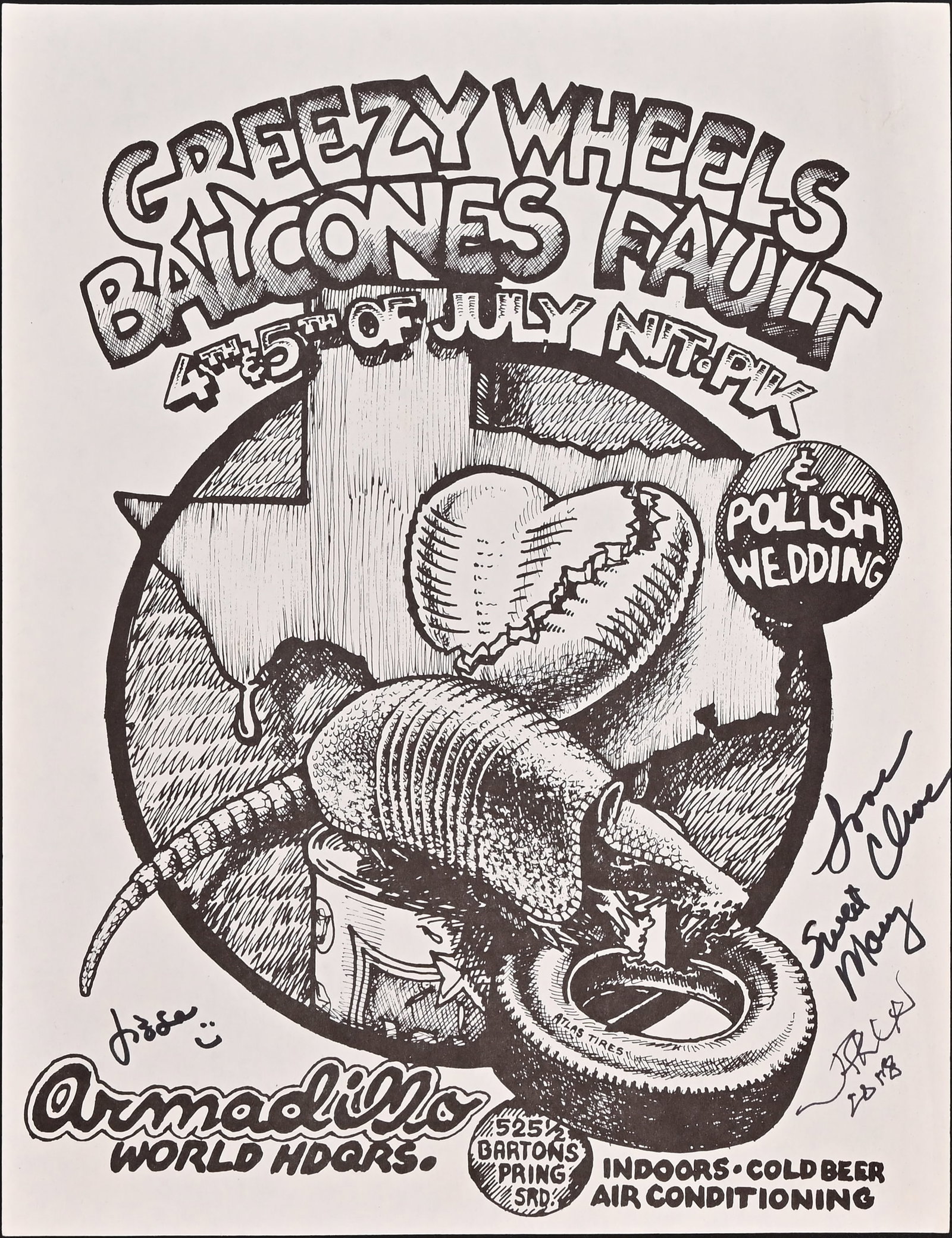 AWHQ Greezy Wheels Signed Handbill by Jim Franklin: Greezy Wheels with special guests Balcones Fault, 4th and 5th of July "Nit-Pik" & Polish Wedding. Armadillo World Headquarters, Austin Texas. Signed by artist Jim Franklin, and Greezy Wheels members C