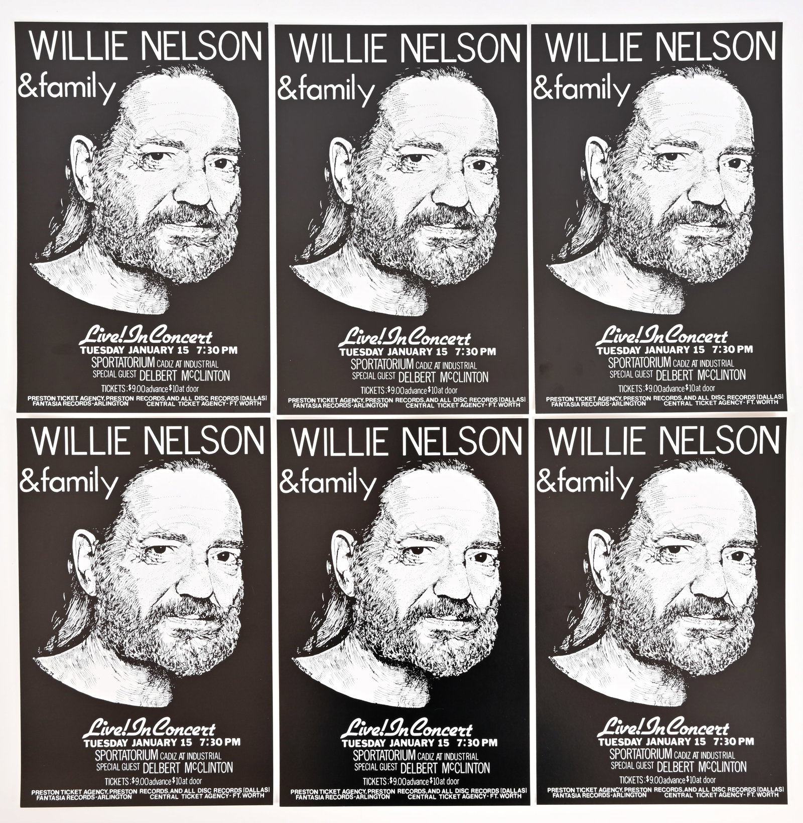 Willie Nelson 1980 Dallas Sportatorium Posters (6): Collection of six (6) concert posters for the January 15, 1980 Dallas Sportatorium show. Each measures 9" x 14".