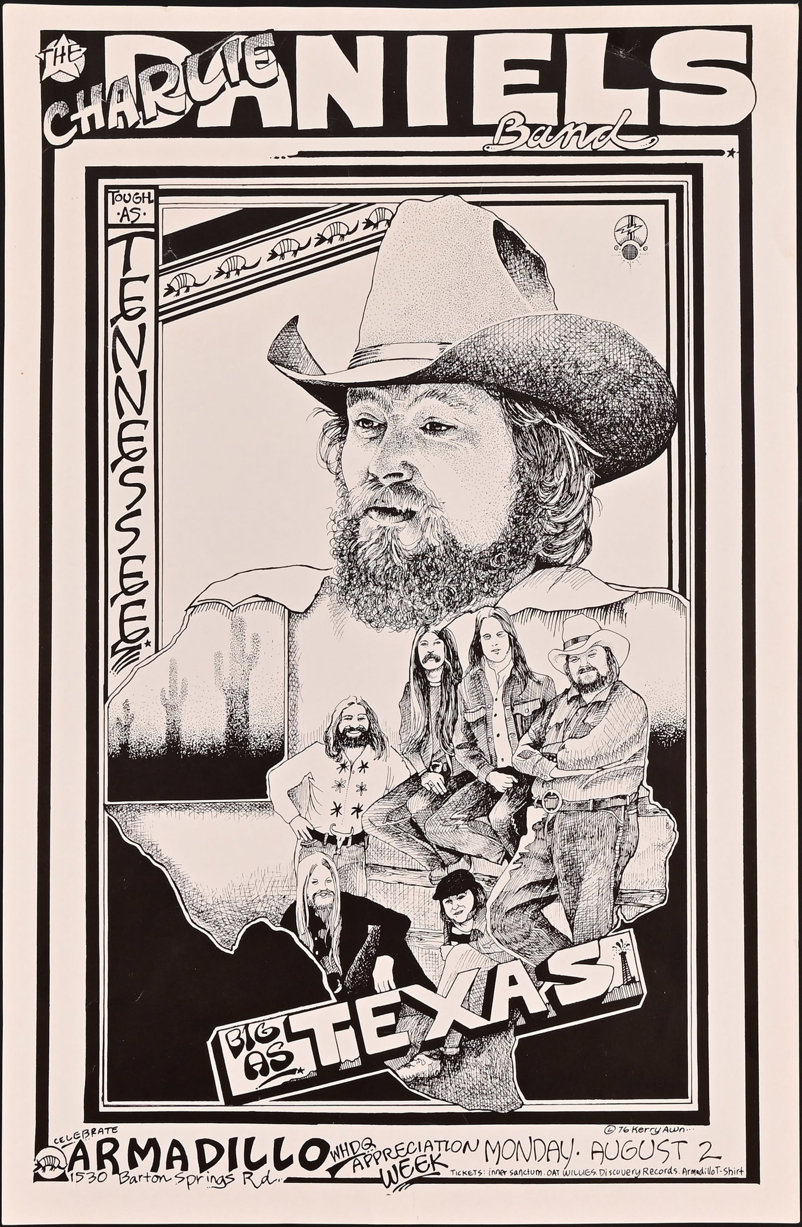 AWHQ Charlie Daniels Band Poster by Kerry Awn 1976: Armadillo World Headquarters, Austin Texas. Poster art 1976, by Kerry Awn, 11.5" x 17.5"