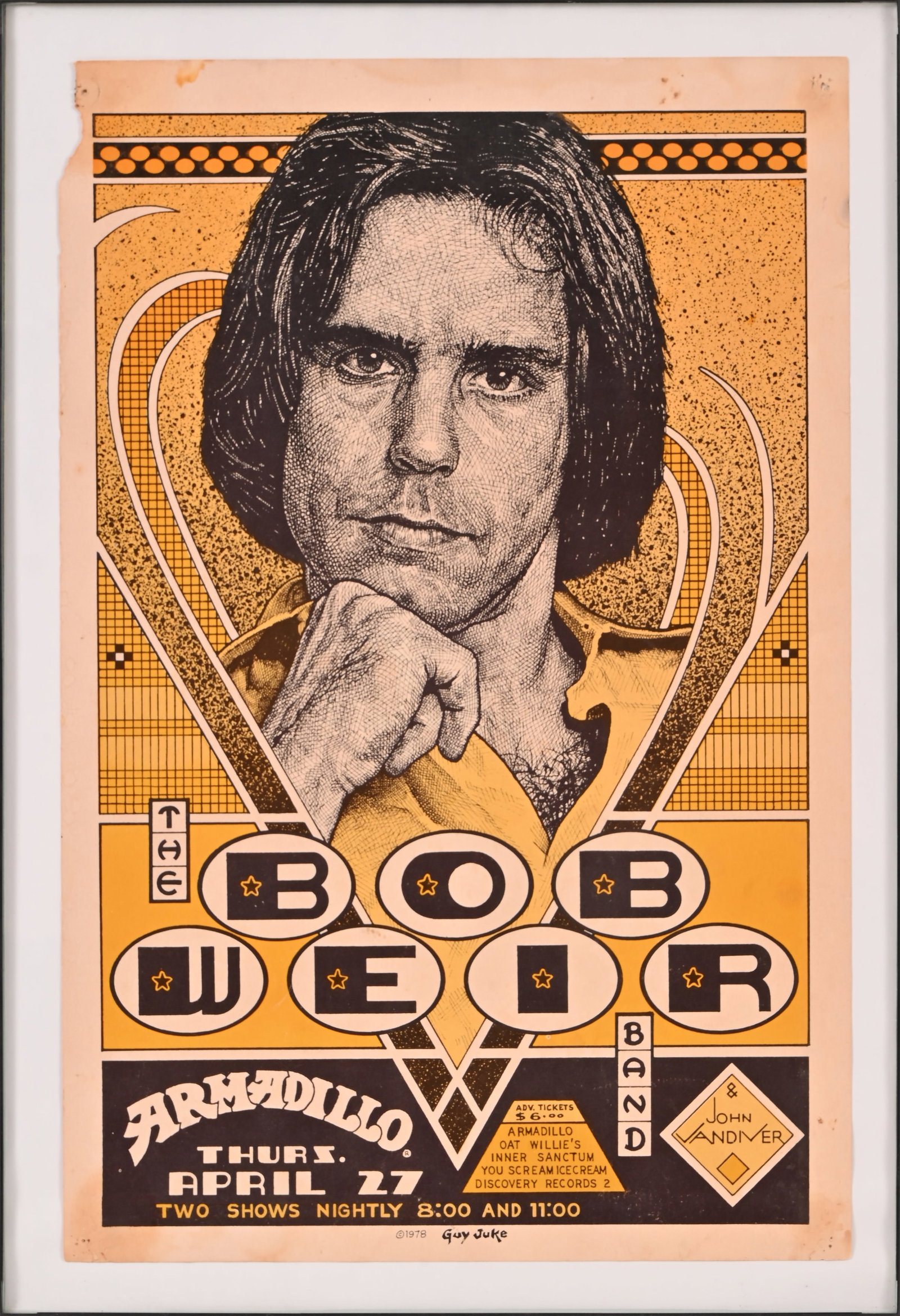 AWHQ Bob Weir Poster by Guy Juke 1978: The Bob Weir Band, and John Vandiver at the Armadillo World Headquarters, Austin Texas. Poster art by Guy Juke, 1978. Measures 11.5" x 17.5"