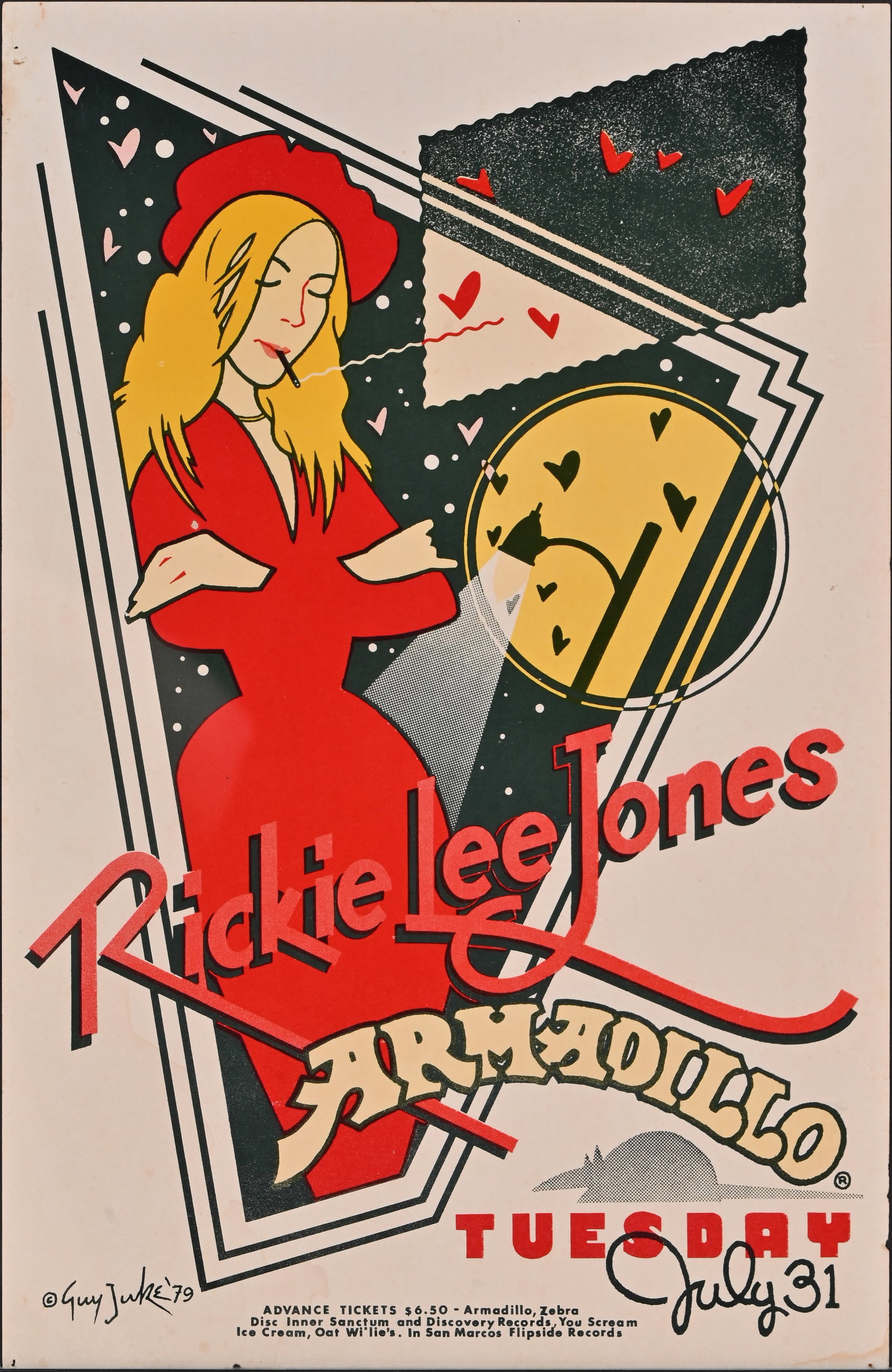 AWHQ Rickie Lee Jones Poster by Guy Juke 1979: Rickie Lee Jones, at the Armadillo World Headquarters, Austin Texas. Poster art by Guy Juke, 1979. measures 11.5" x 17.5"