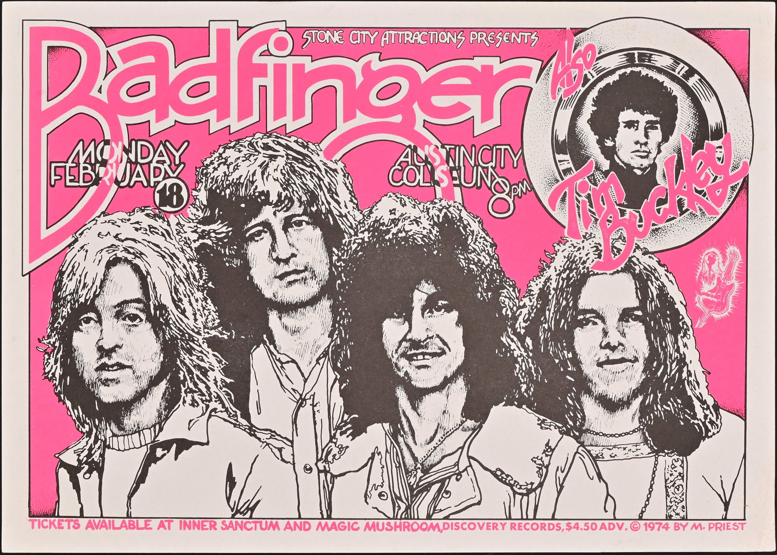 Badfinger, Austin City Coliseum Handbill by Priest: Badfinger, with Tim Buckley., Austin City Coliseum, February 18. Handbill Artwork by Micael Priest, 1974. Measures 7.75" x 11"