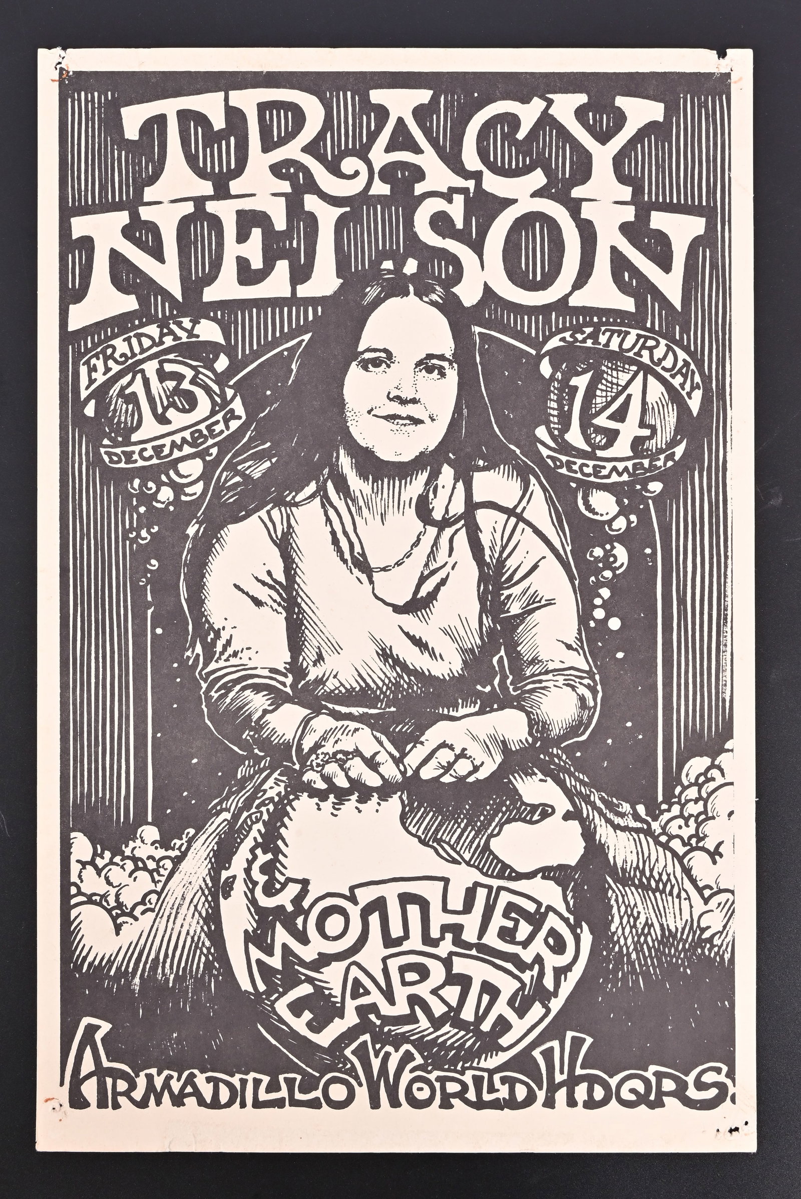 AWHQ Tracy Nelson, Mother Earth Poster, M. Priest: Tracy Nelson with special guest Mother Earth. Armadillo World Headquarters, Austin Texas. Poster art by Micael Priest, 11x17