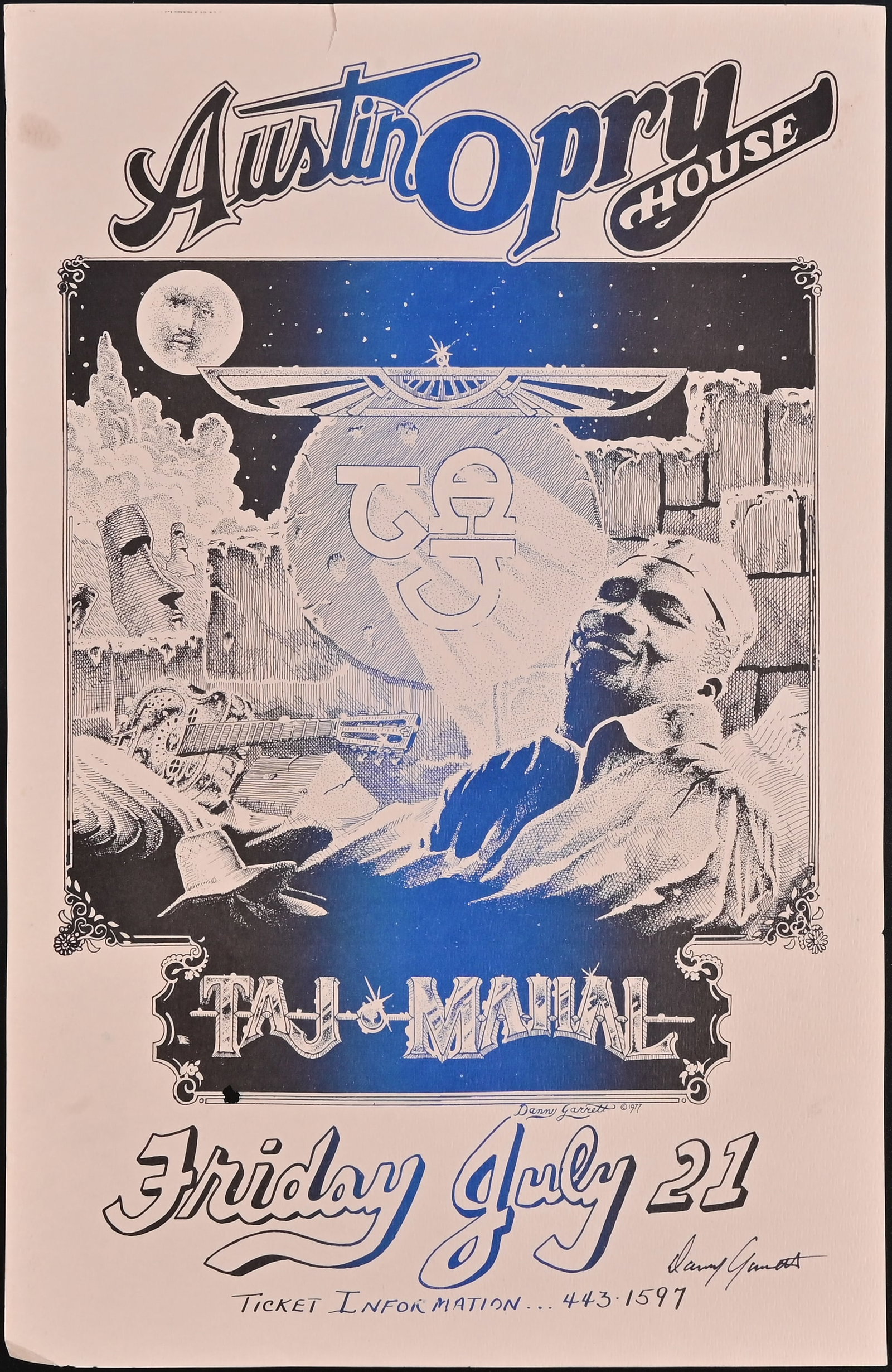 Austin Opry House Taj Mahal Poster, Signed: Signed by poster artist Danny Garrett, bottom right. 11x17