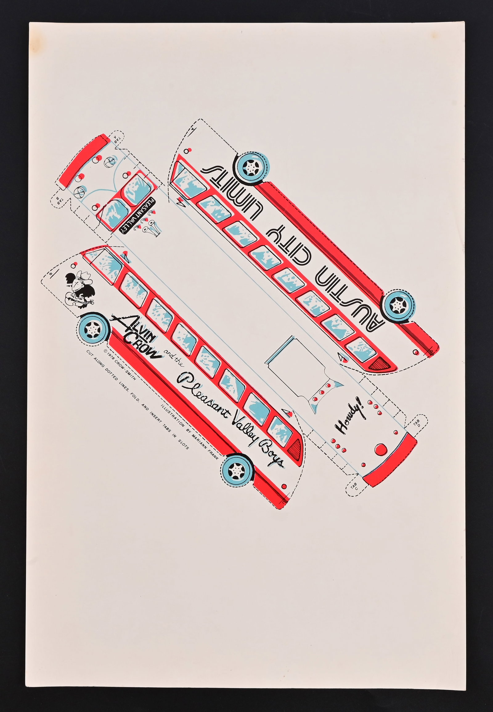 Alvin Crow Austin City Limits Bus Cutout Poster: Alvin Crow and the Pleasant Valley Boys at Austin City Limits. Intended for cutout to fold into 3-D tour bus. Illustration by Mariann Frank, poster copyright 1978 Crow-Smith. 11.5 x 17.5