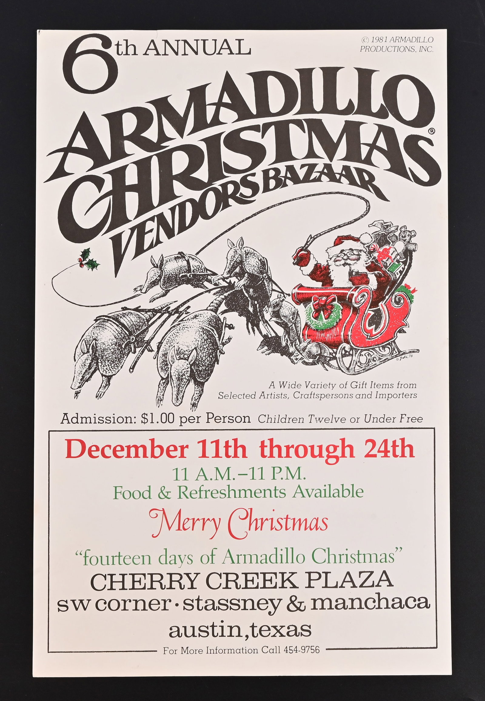 Armadillo Christmas Bazaar 6th Annual Poster: 1981 Armadillo Productions, 11.25" x 17.5"