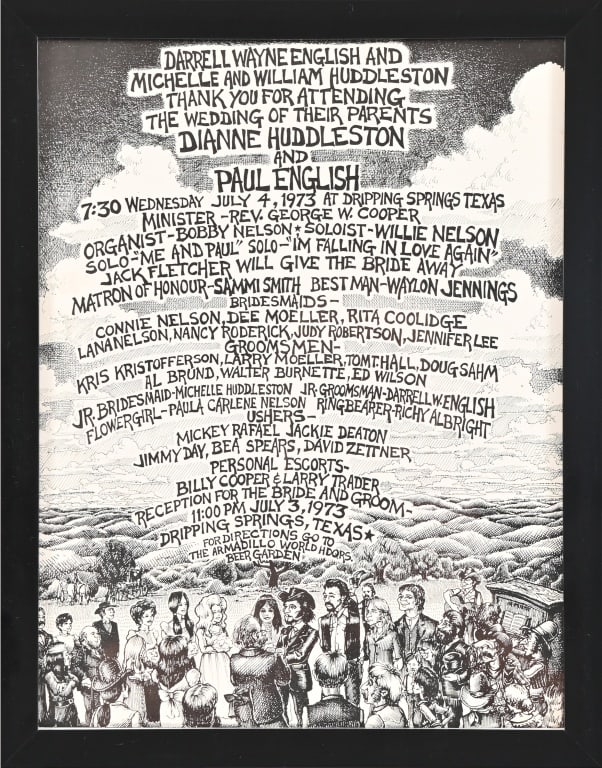 Paul English's Wedding Invitation by Micael Priest: Ultra rare handbill for the wedding of Paul English and Dianne Huddleston, July 4, 1973 at the Dripping Springs Willie Nelson 4th of July Picnic. These would've only been handed out to VIP, very close