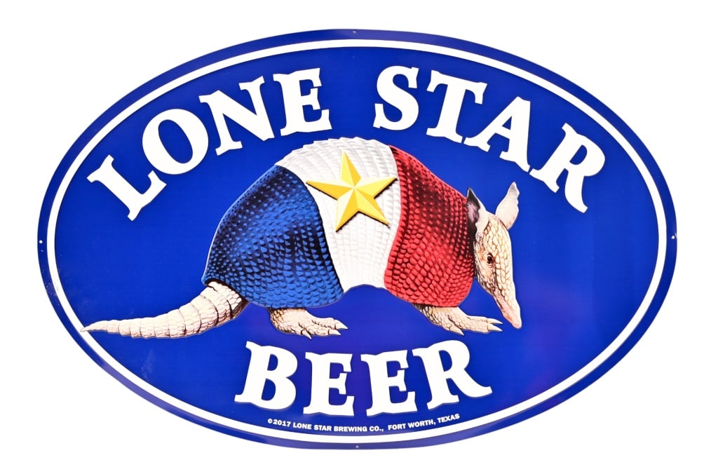 Lone Star Beer Armadillo Embossed Tin Sign NOS: Circa 2017. New-Old-Stock condition, 24" x 36"