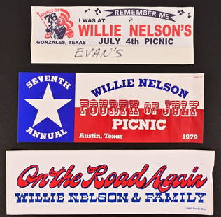 (3) Willie Nelson 4th of July Bumper Stickers 1976: Willie Nelson's Annual 4th of July Picnic bumper stickers from the infamous 1976 picnic in Gonzalez, 1979 at Pedernales Country Club, and a 1981 "On The Road Again" bumper Sticker.