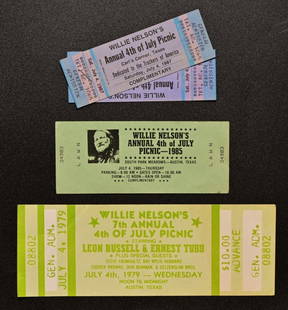 Willie Nelson 4th of July Picnic Tickets: Willie Nelson 4th of July Tickets 1979, 1985, 1987. From the personal collection of Paul English. 2.75" x 8"